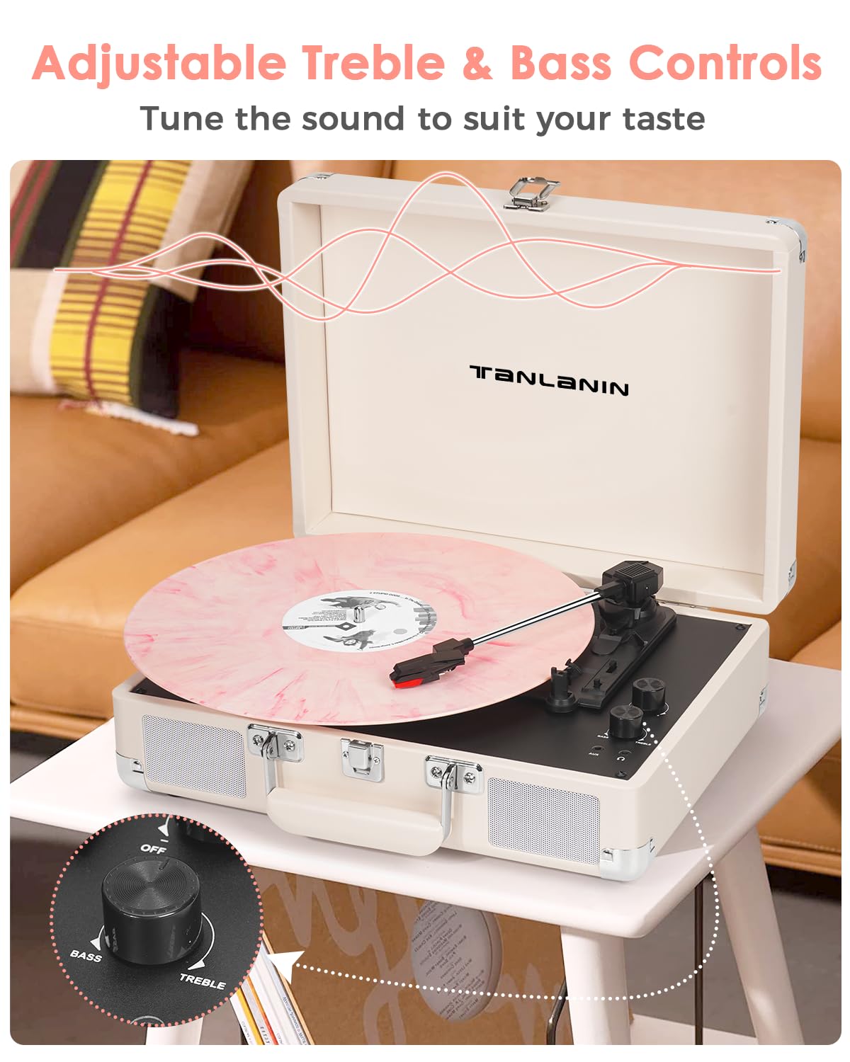 Vinyl Record Player   3 Speed Turntable Portable Suitcase Record Player With Bluetooth, Treble & Bass Control, Built In Speakers