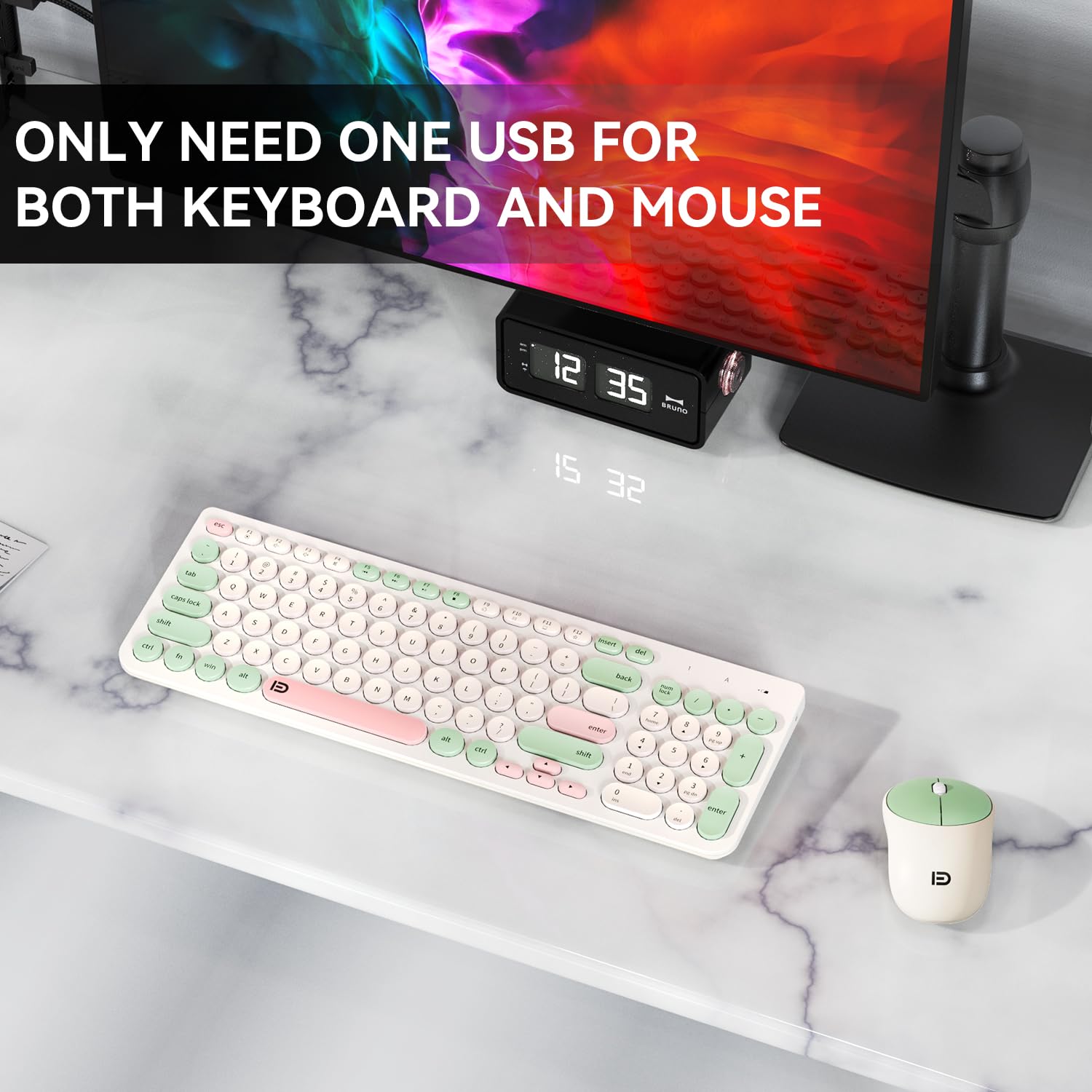 Tkvpjyyi Wireless Keyboard And Mouse Combo, 2.4Ghz Usb Cordless Round Keys Set For Laptop, Computer, Tv (White+Green)