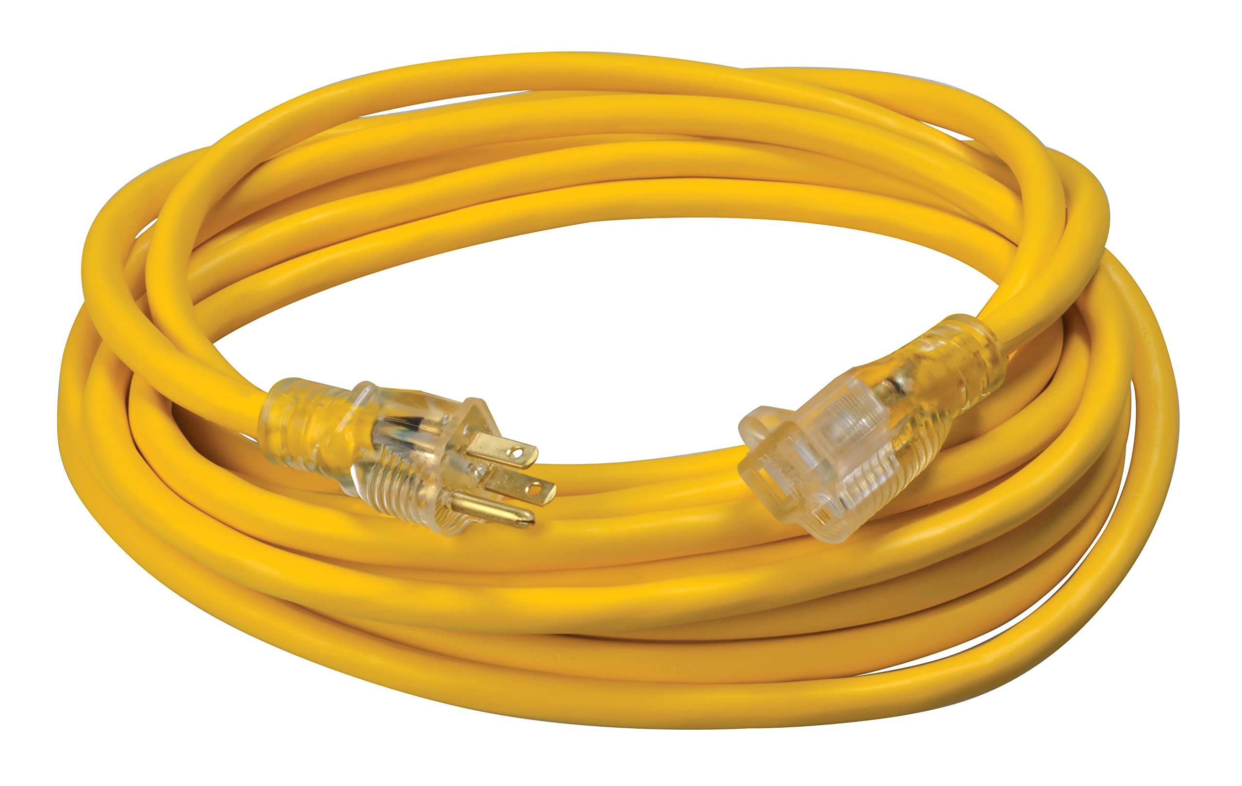 Southwire Heavy Duty Extension Cord, 25Ft, 12 Gauge, 3 Conductor, High Visibility Outdoor Cord, Lighted End, Sjtw, Yellow, 25878802