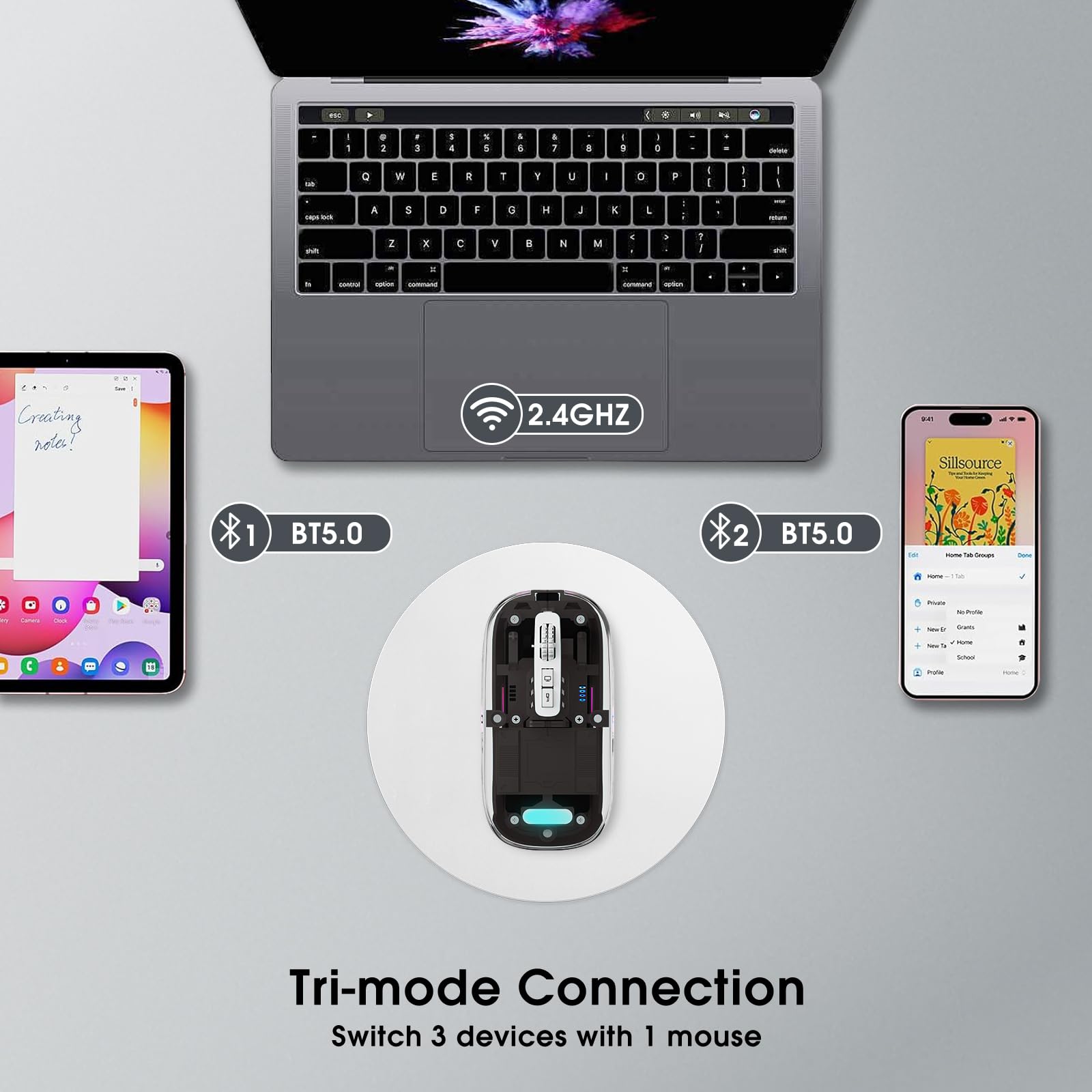 Wireless Transparent Mouse For Computer,Bluetooth Mouse Rechargeale,Power Display,Dpi,Shortcut,Tri Mode Bluetooth5.1(Bt1+Bt2) +