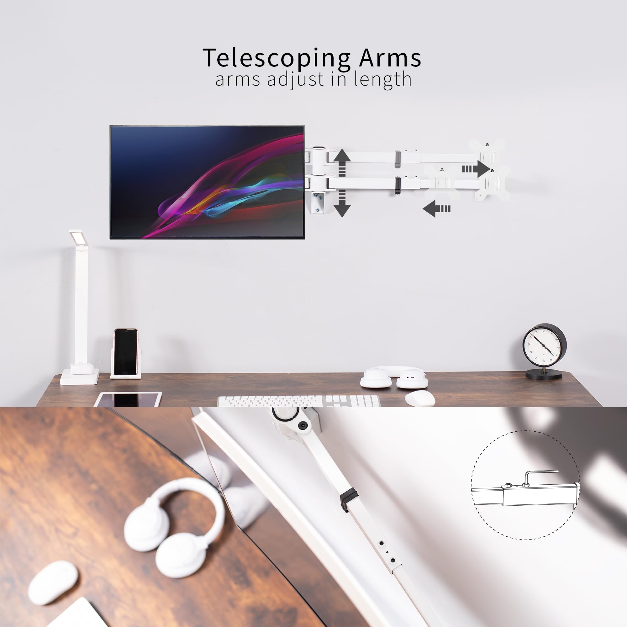 VIVO Premium Dual Ultra Wide LCD LED 27 to 38 inch Monitor Wall Mount, Heavy Duty, Telescoping Arms, Flush Wall Setup, Fits 2 Screens, White, MOUNT TS38W