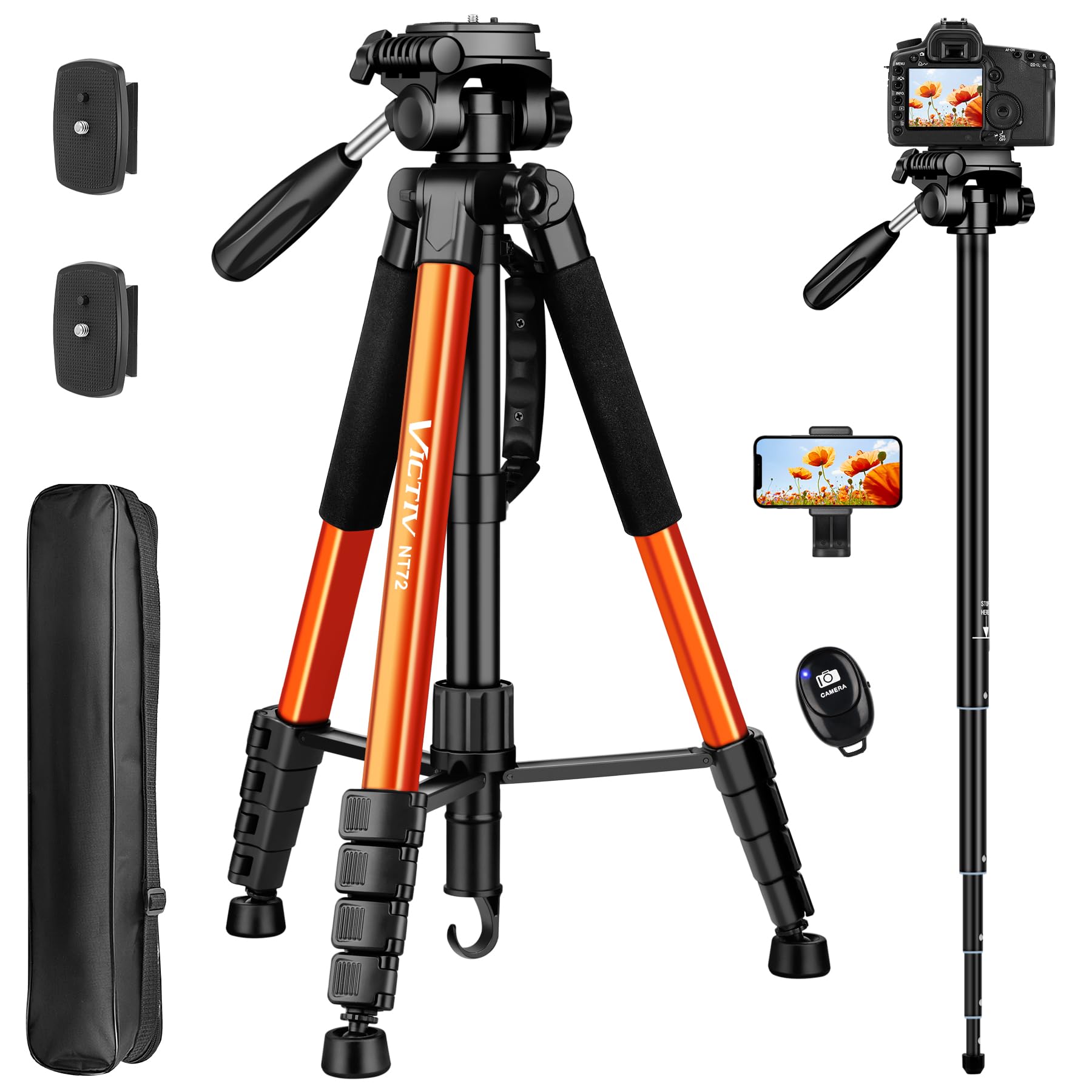 Tripod For Camera, 72' Tall Camera Tripod With Remote, Compact Camera Stand Tripod For Phone, Lightweight Dslr Tripod & Monopod, Professional Heavy Duty Tripod For Spotting Scope, Telescope, Binocular