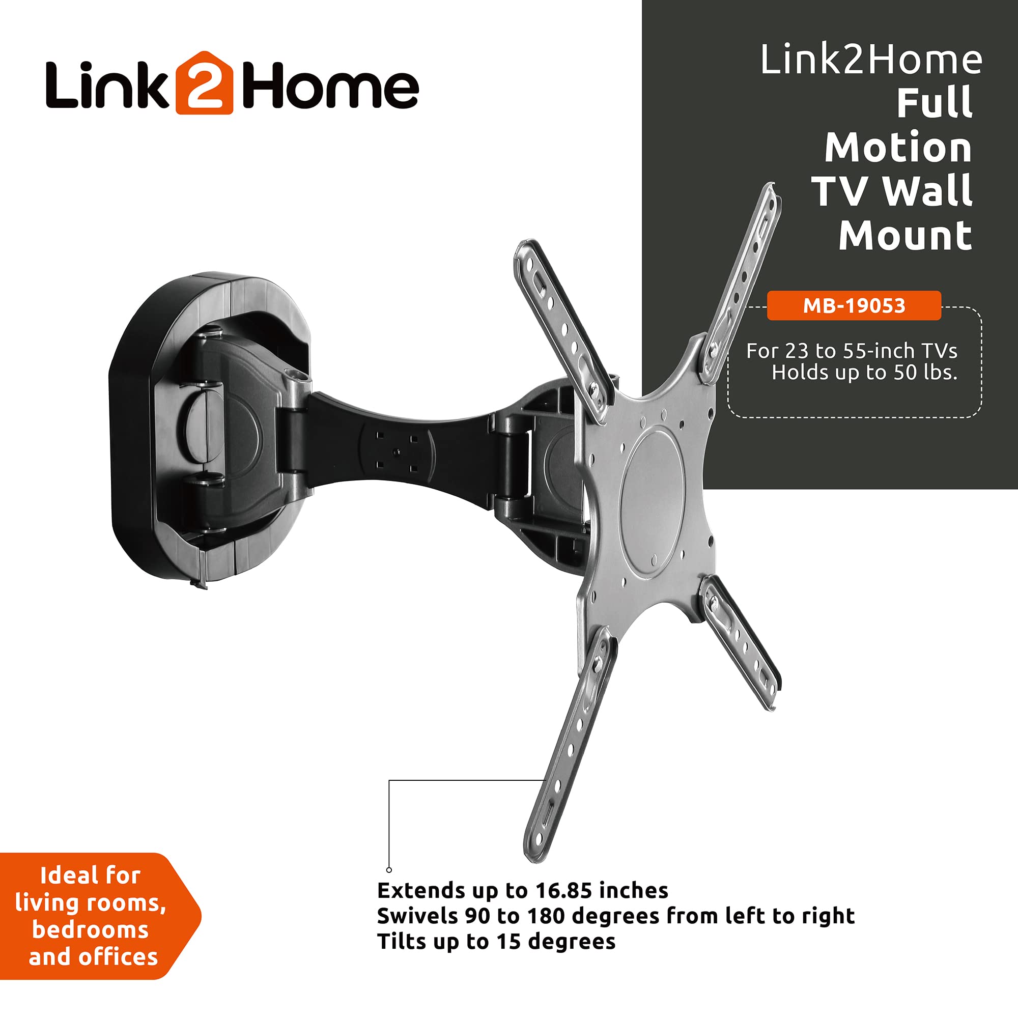 Link2Home Premium Full Motion Tv Wall Mount For Up To 55 Inch Tvs, Mounting Brackets For Led, Lcd, Oled Flat&Curved Tvs. Up To 5