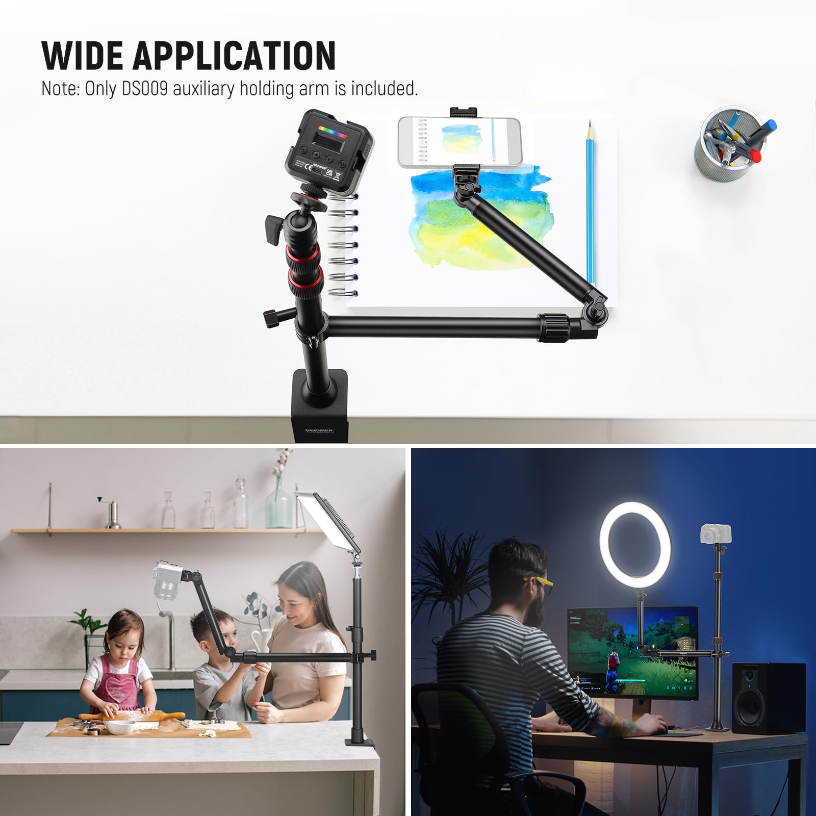 Neewer Overhead Camera Mount Arm With Phone Clip, 22''/56Cm 180&360 2 Section Flexible Holding Arm For Desk Stand, Fits 0.87'' 1