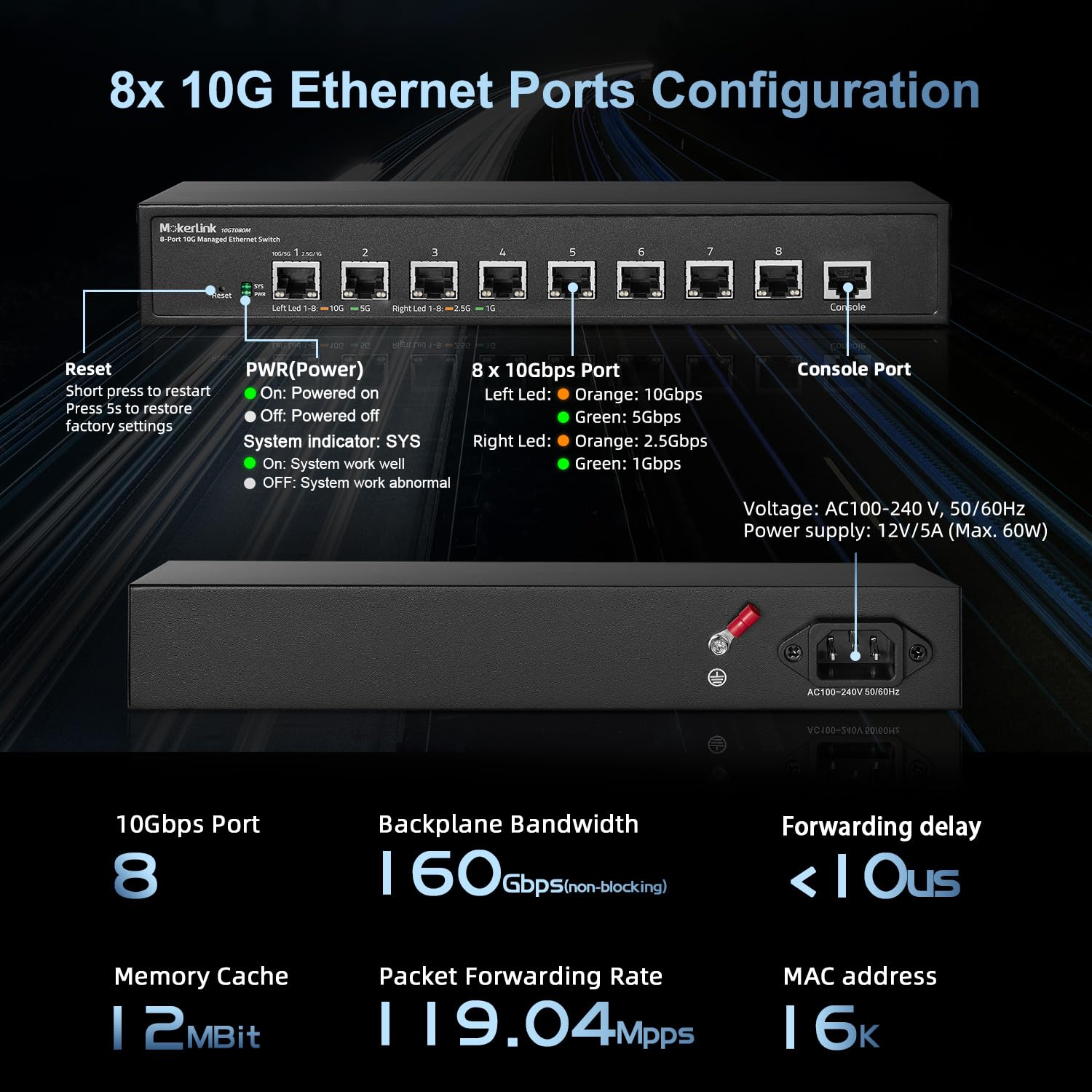 Mokerlink 8 Port 10G Managed Ethernet Switch, 10G/5G/2.5G/1G Auto Adaptive, L3 Web/Cli Managed, Metal Desktop|Rackmount Network
