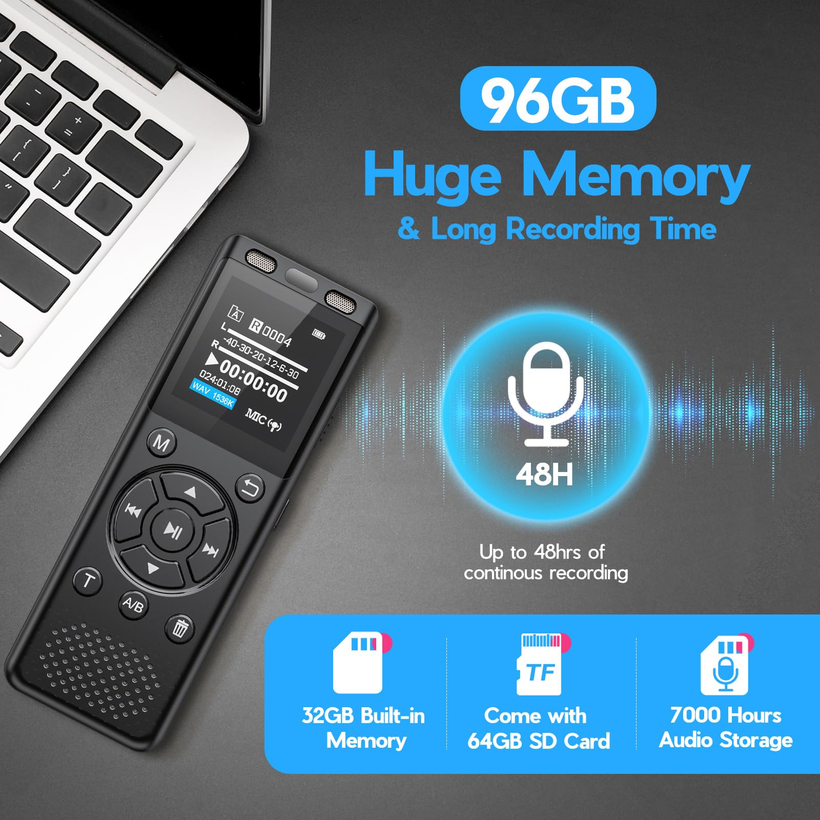 96Gb Digital Voice Recorder One Click, Hd Recording Easy Control Voice Recorder With Playback, Large Screen 7000 Hours Sound Aud