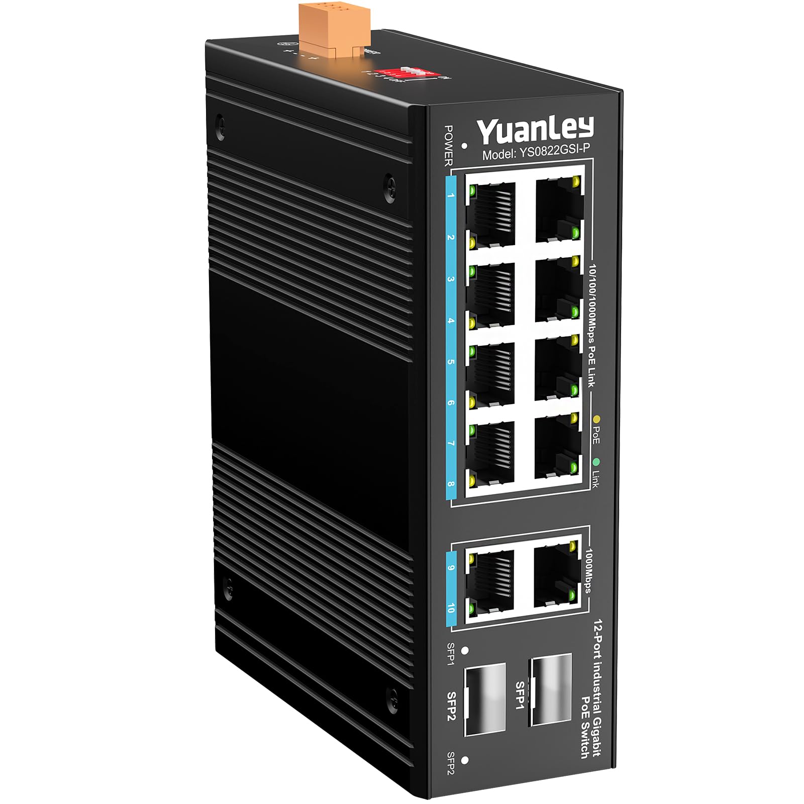 Yuanley 12 Port Industrial Switch With 8 Port Poe Gigabit, 2 1000Mbps Uplink, 2 Sfp Port, Unmanaged Din Rail Poe Switch, Ieee802