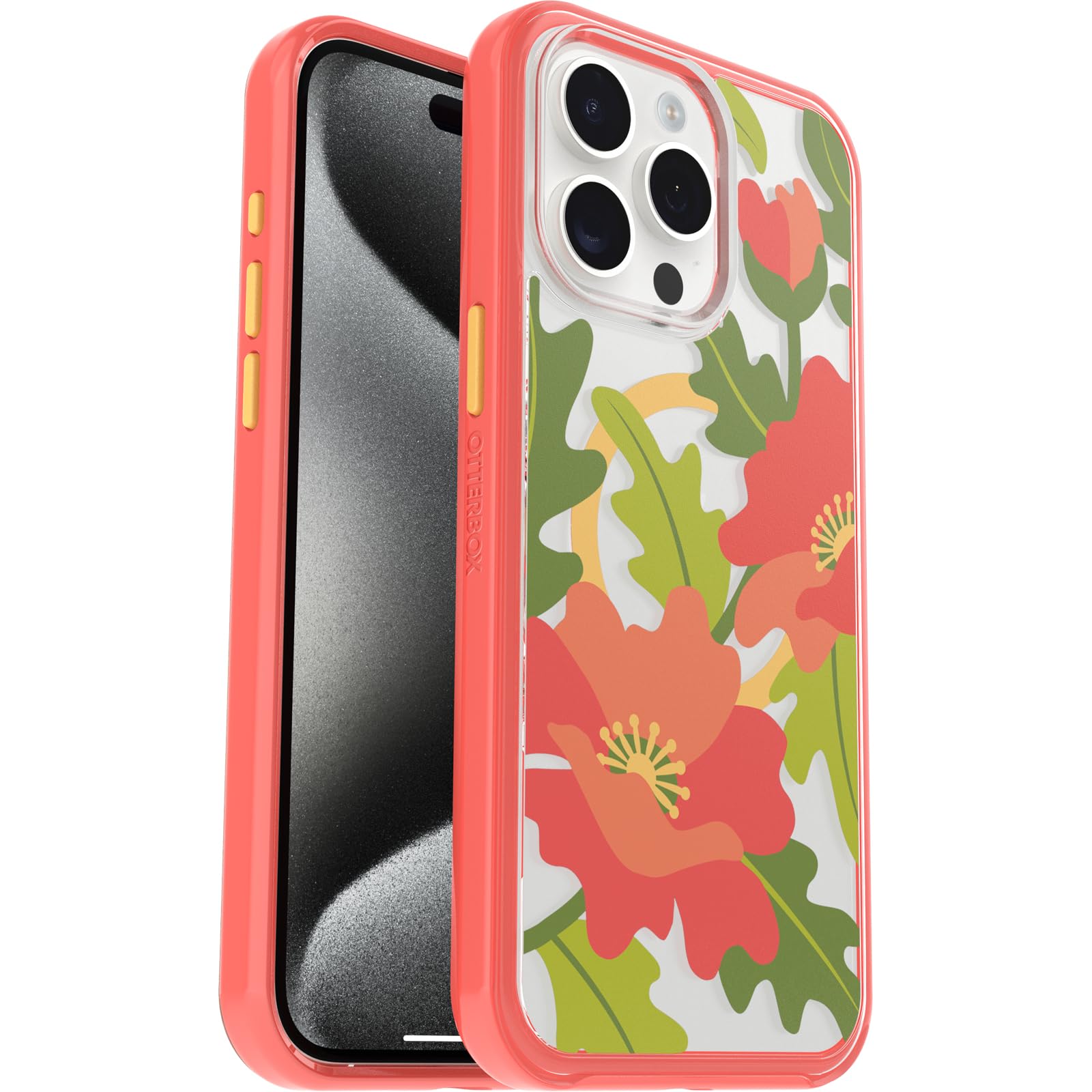 Otterbox Iphone 15 Pro Max (Only) Symmetry Series Clear Case   Quilted Poppies (Red), Snaps To Magsafe, Ultra Sleek, Raised Edge