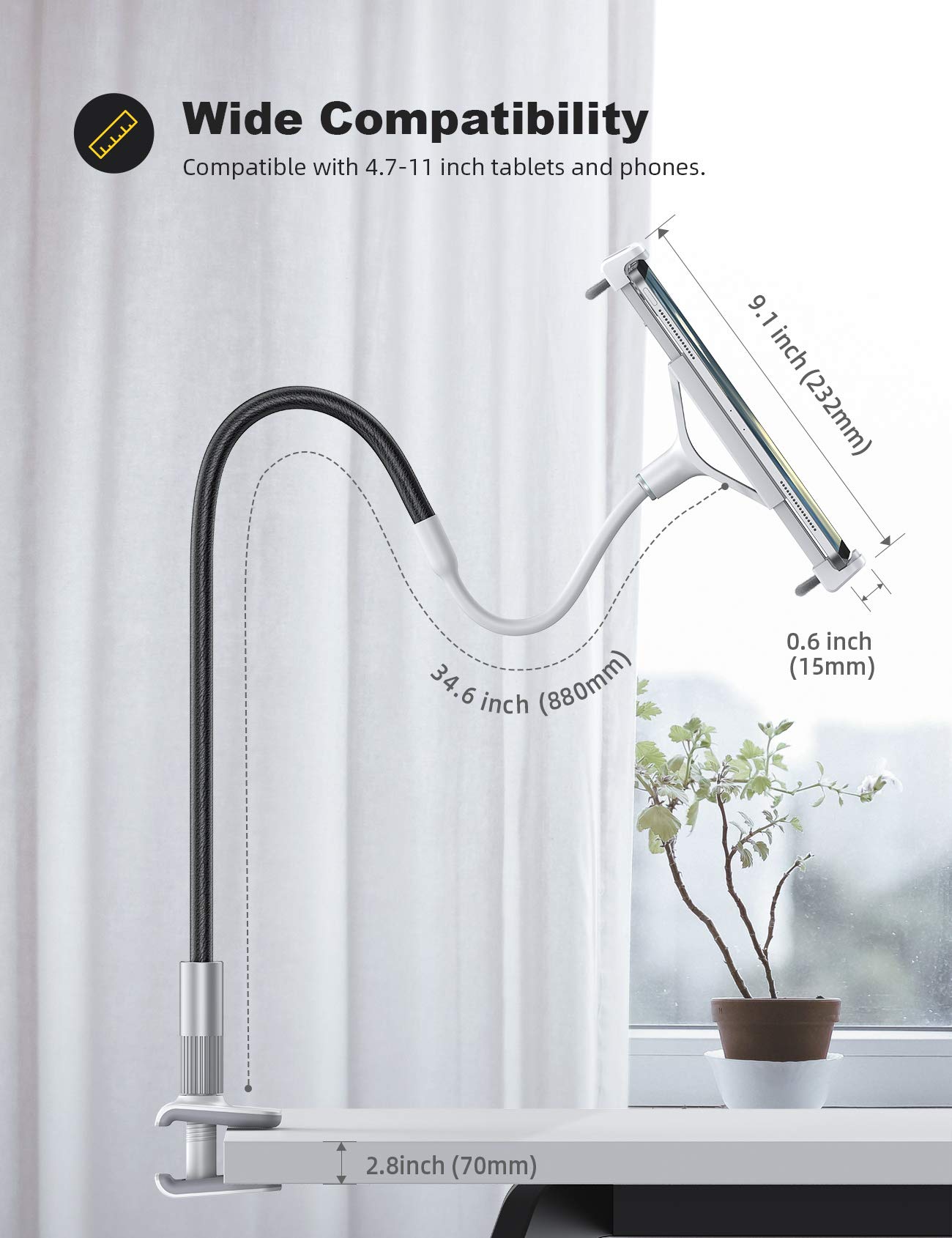 Lamicall Gooseneck Tablet Holder, Tablet Mount : Flexible Arm Clip Tablet Stand for Bed, Tablet Desk Mount, Compatible with iPad Pro 11', Mini Air, Galaxy Tabs More 4.7 to 10.5' Phones and Tablets