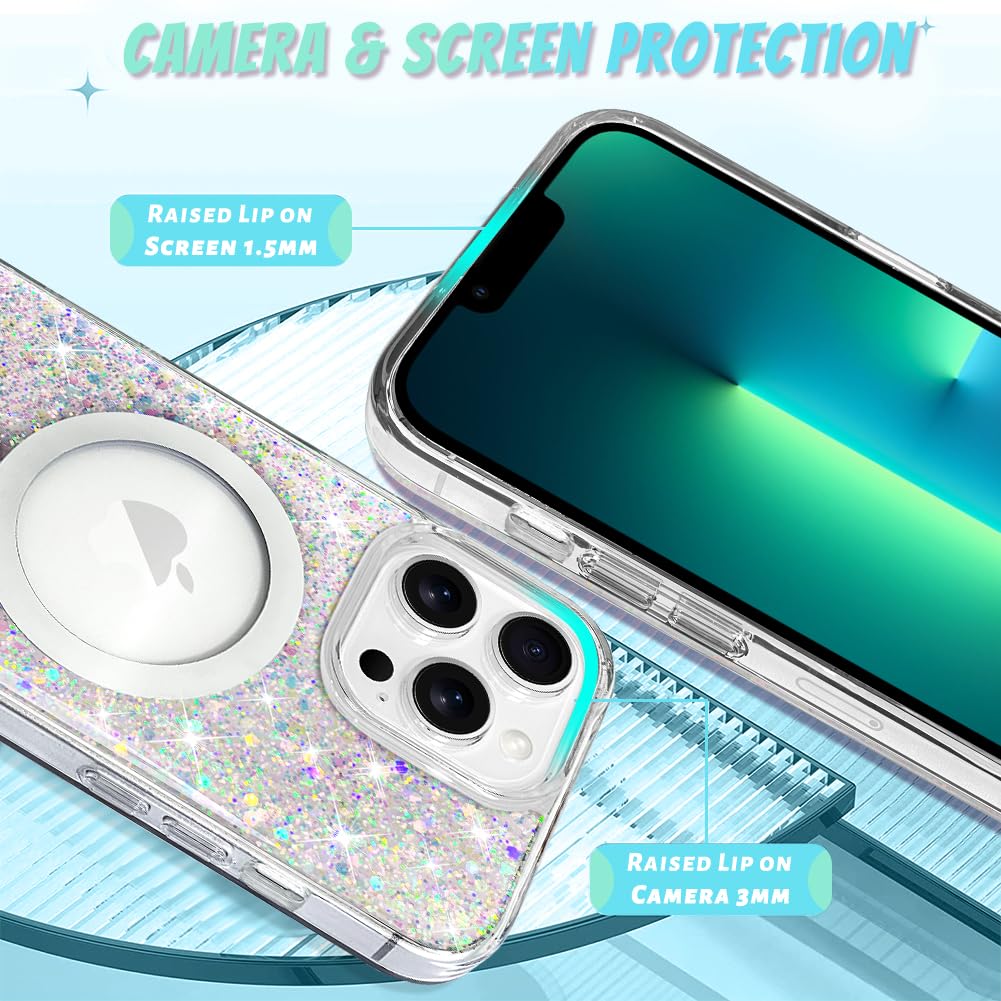 Bonoma For Iphone 13 Pro Max Case, Sparkly Glitter Bling Back, Magnetic Support For Magsafe Shockproof Case, Crystal And Clear H