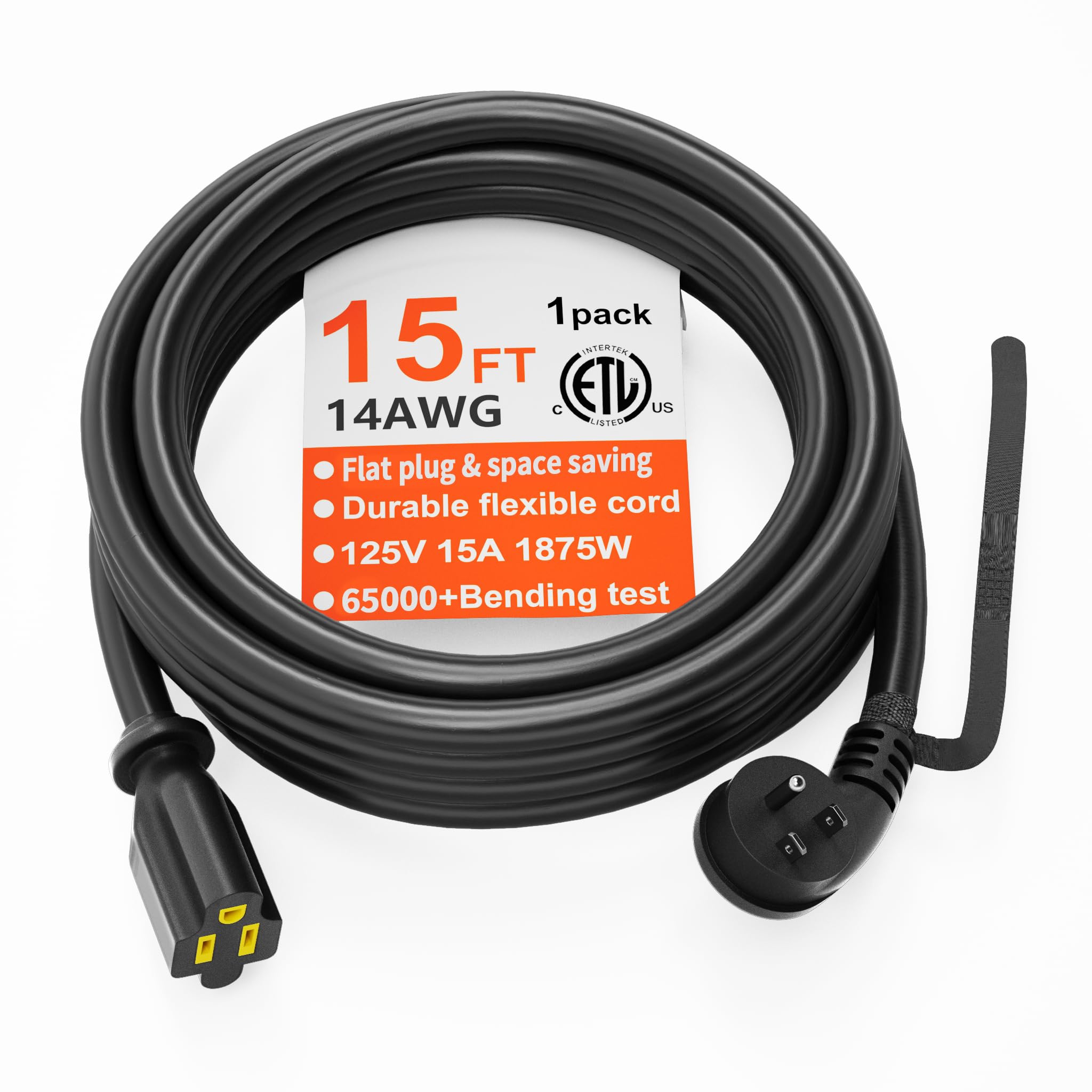 Huanchain 14 Gauge 15 Ft Flat Plug Extension Cord Black Indoor Outdoor, Heavy Duty 3 Prong Grounded Low Profile Extension Wire F