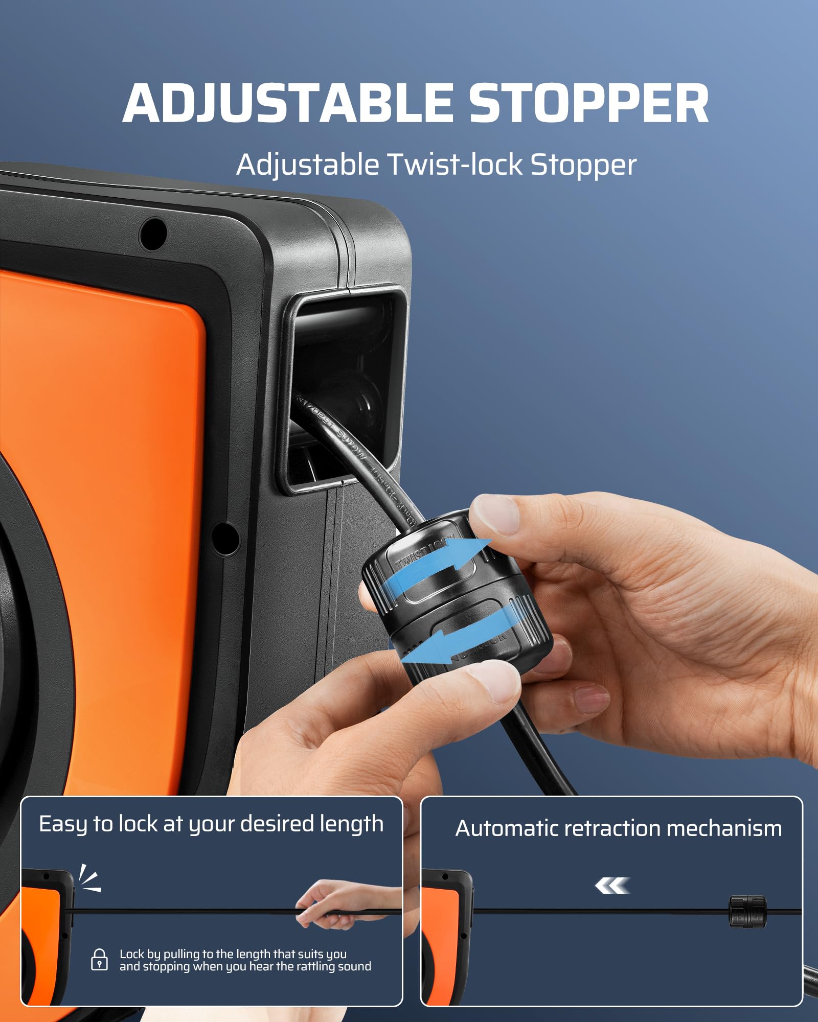 Dewenwils 60 Ft Retractable Extension Cord Reel, 12/3C Sjtow Heavy Duty Power Cord, Twist Lock Stopper, 6 Grounded Outlets, 15A