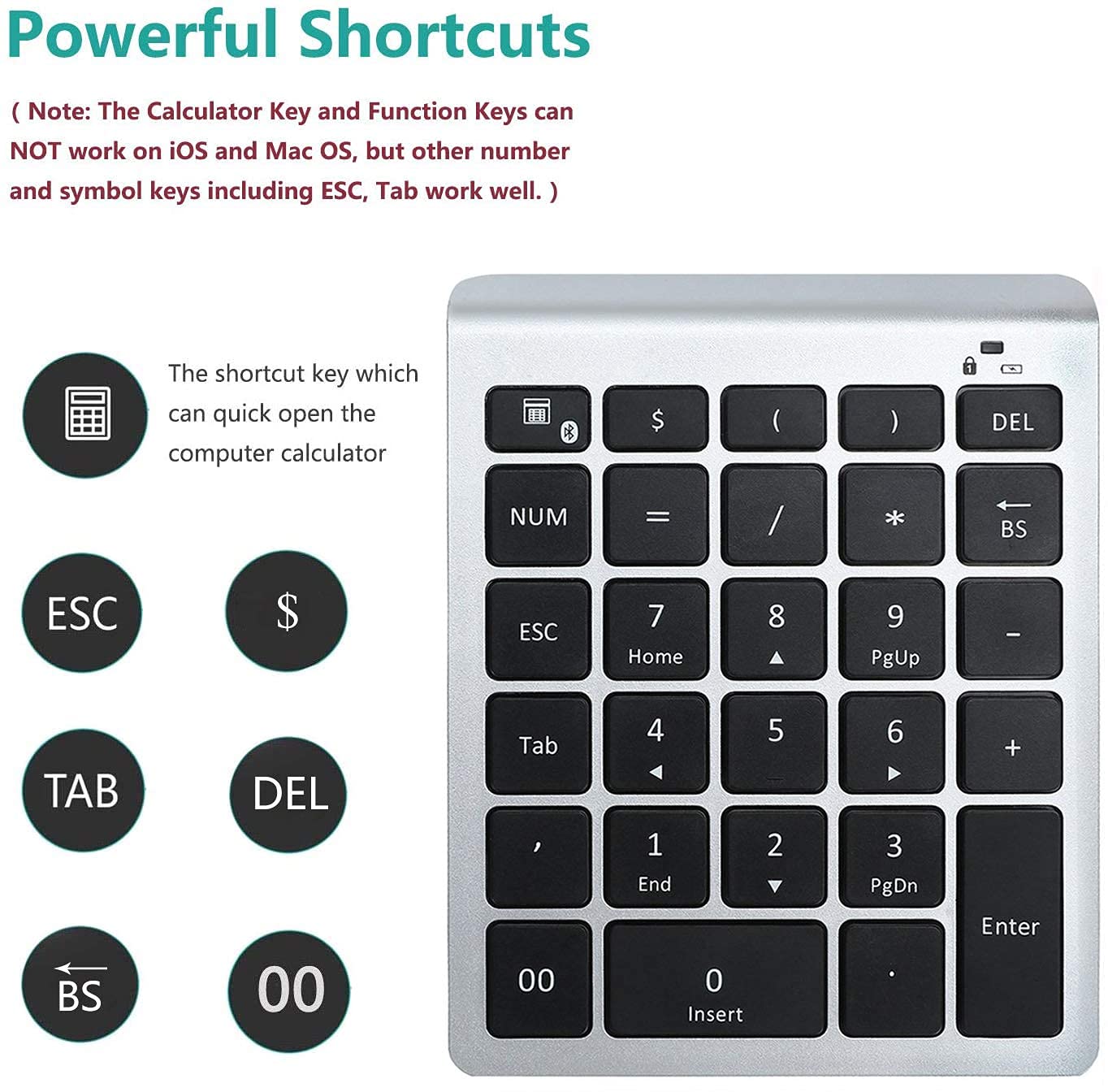 Lekvey Bluetooth Number Pad, 10 Keys Numeric Keypad Portable Wireless Bluetooth Keypad : 28 Key Numpad Extensions For Financial Accounting Data Entry For Laptop Surface Pro Tablets Windows, Silver