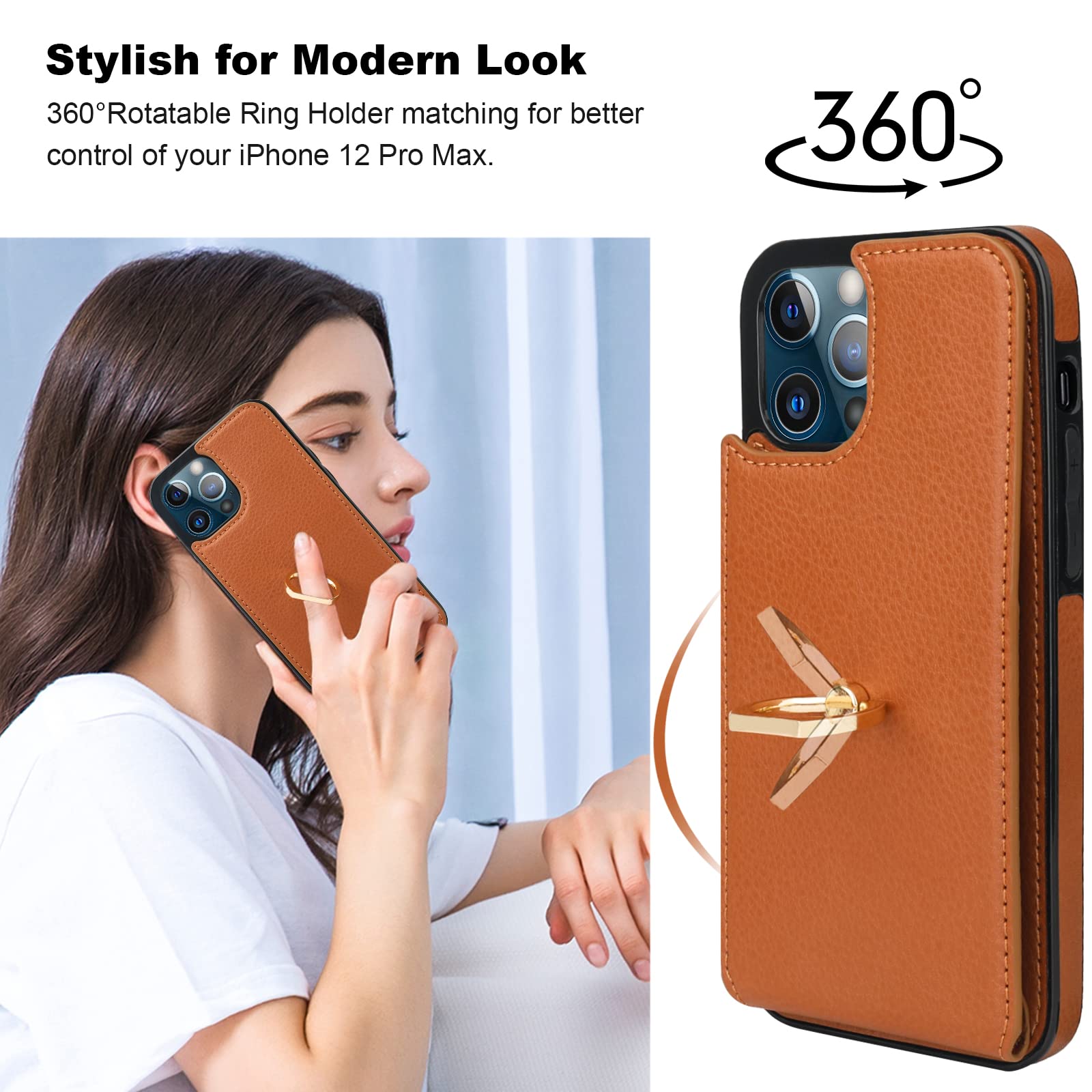 Folosu Compatible With Iphone 12 Pro Max Case Wallet With Card Holder, 360   Rotation Finger Ring Holder Kickstand Protective Rf