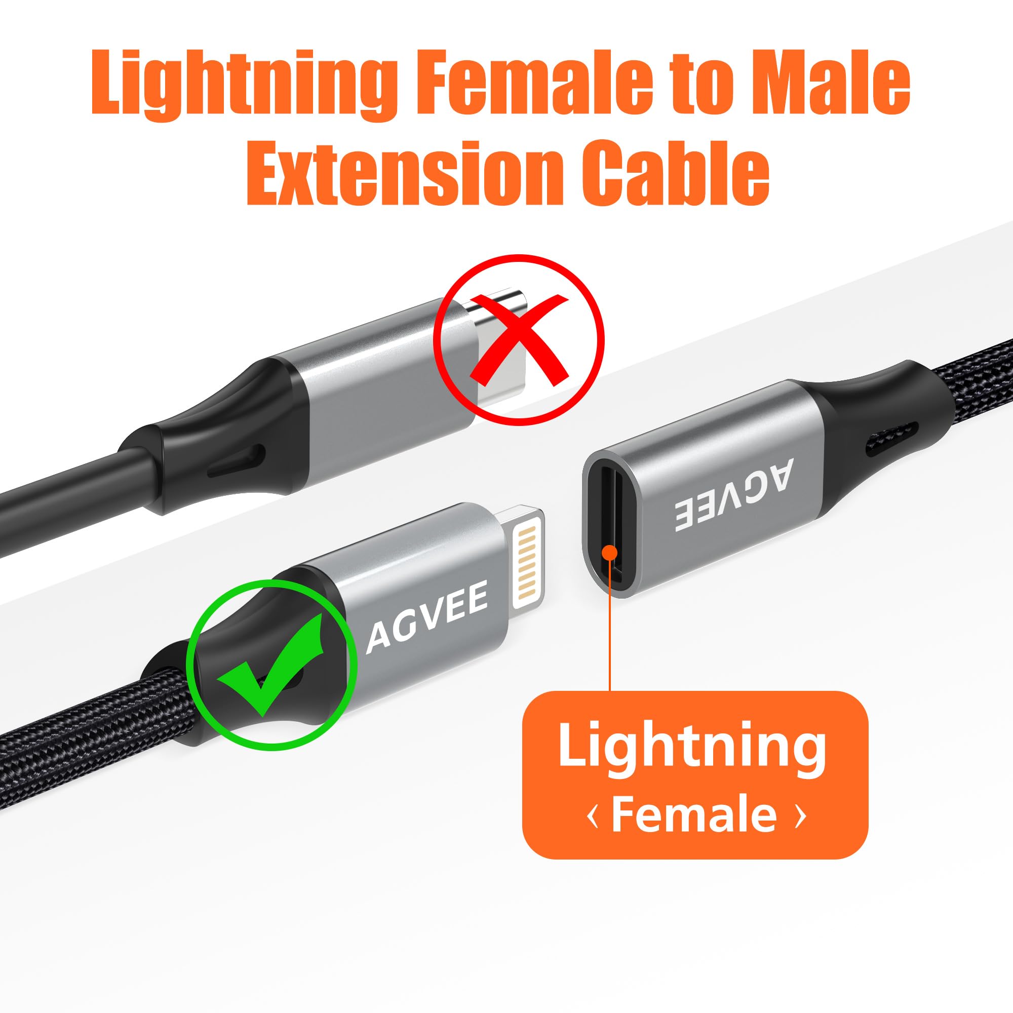 Agvee 2 Pack 1Ft Lightning Extension Cable, Braided Female To Male Extender Full Function Cord Compatible With Iphone Ipad, Data