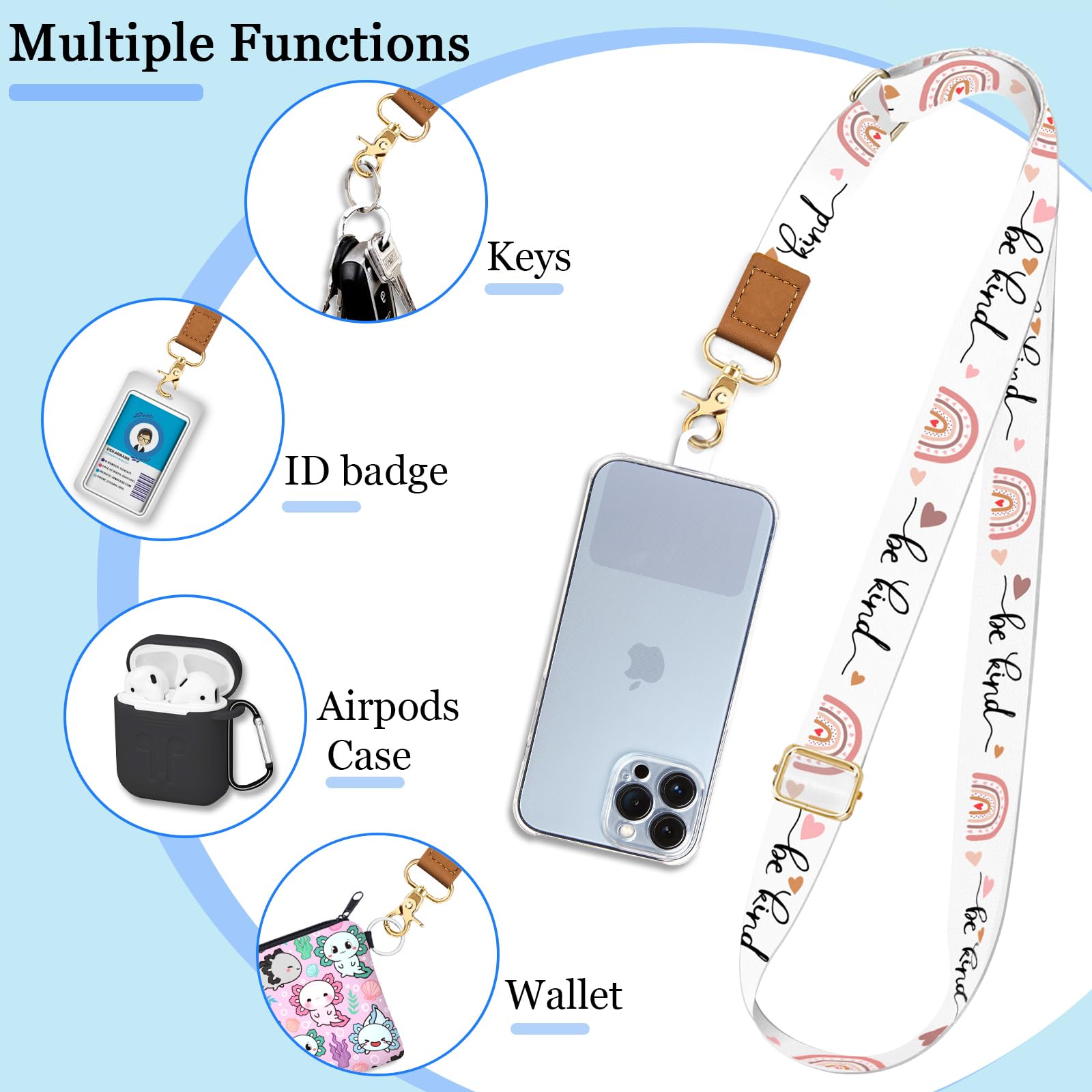 Phone Lanyard Wrist Strap Crossbody, Be Kind Cell Phone Lanyard For Around The Neck Wristlet Adjustable Phone Strap, Rainbow Cut