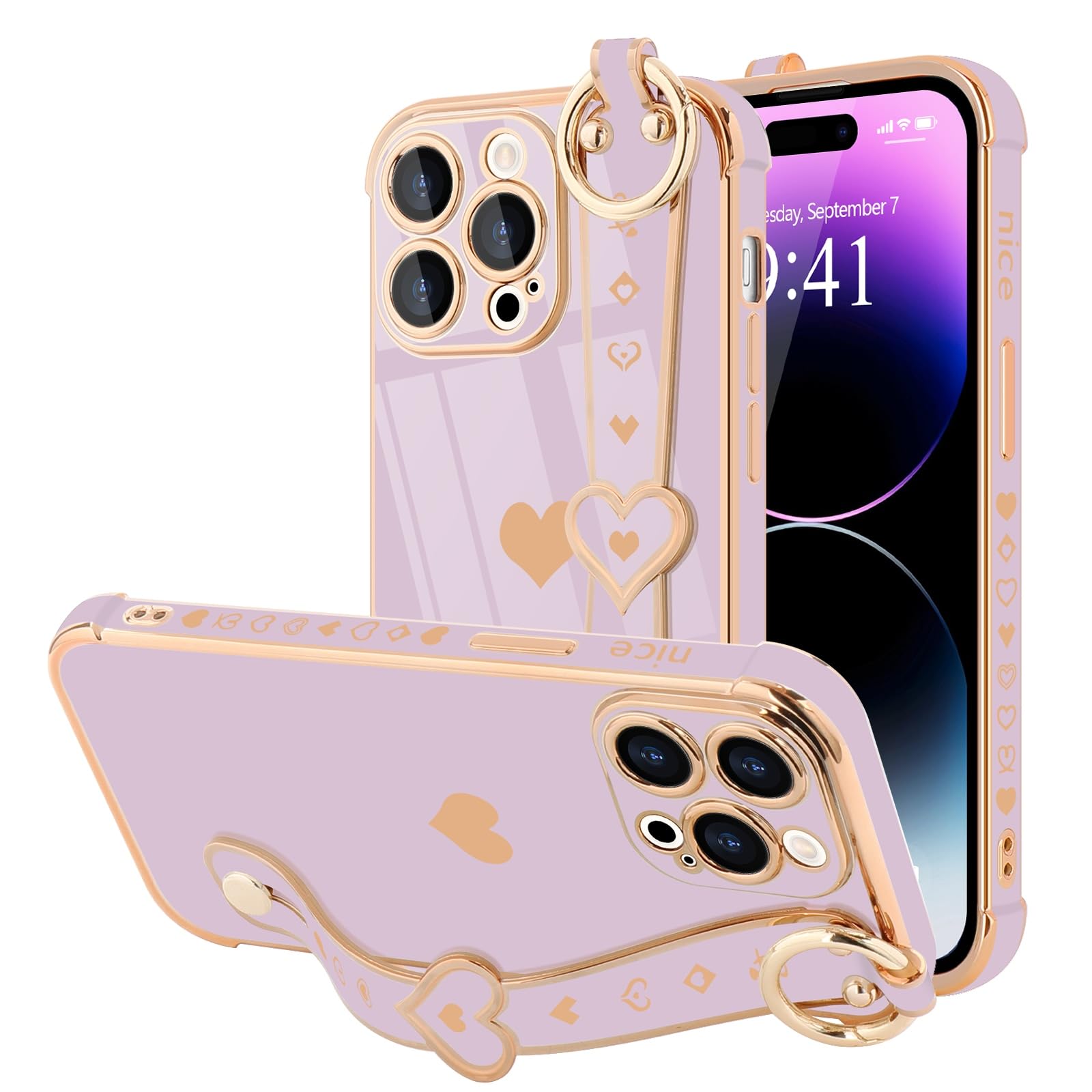 Llz.Coque For Iphone 14 Pro Max Case Cute Love Heart Plating Strap Phone Cover For Women Girls Bling Silicone Camera Lens Protec