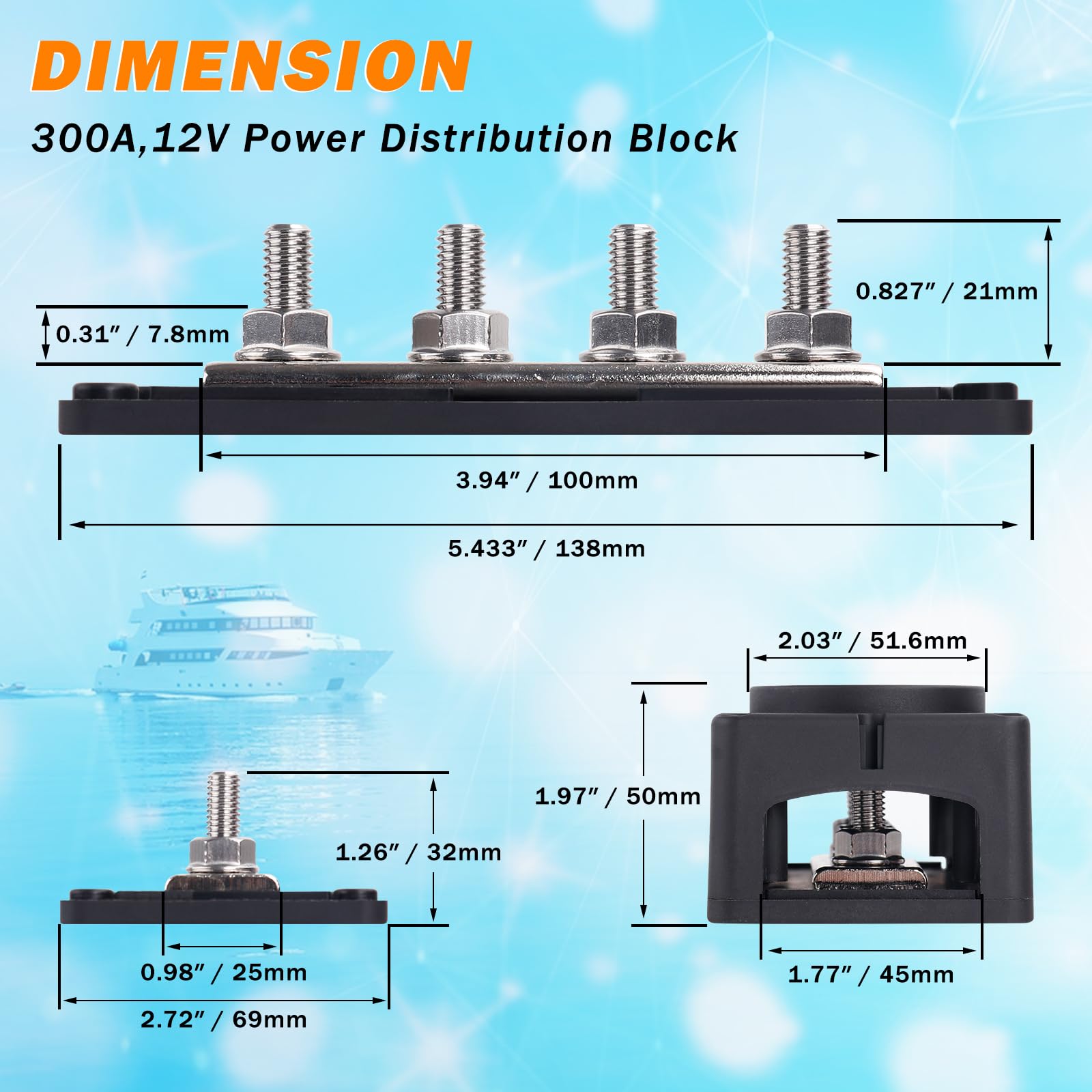 300A Heavy Duty Module Bus Bar 12V 24V 48V Dc Power Distribution Block With 4 X 5/16'' (M8) Studs, Gift 12Pcs Cable Lugs And 20P