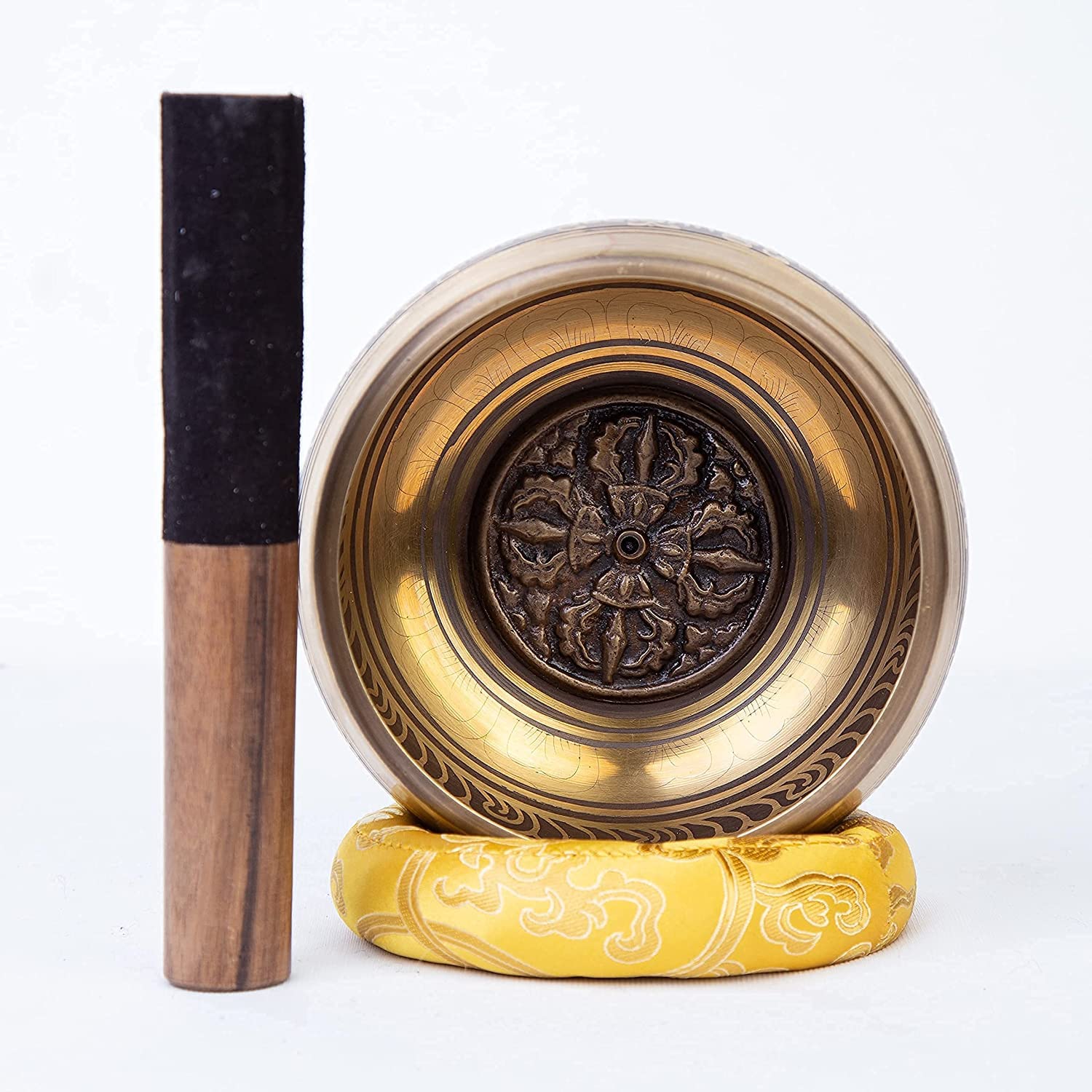 Large Tibetan Singing Bowl Set - Bronze Style - Easy To Play - 5 Sound Yoga Bowl Mantra Design Mindfulness Meditation Healing So