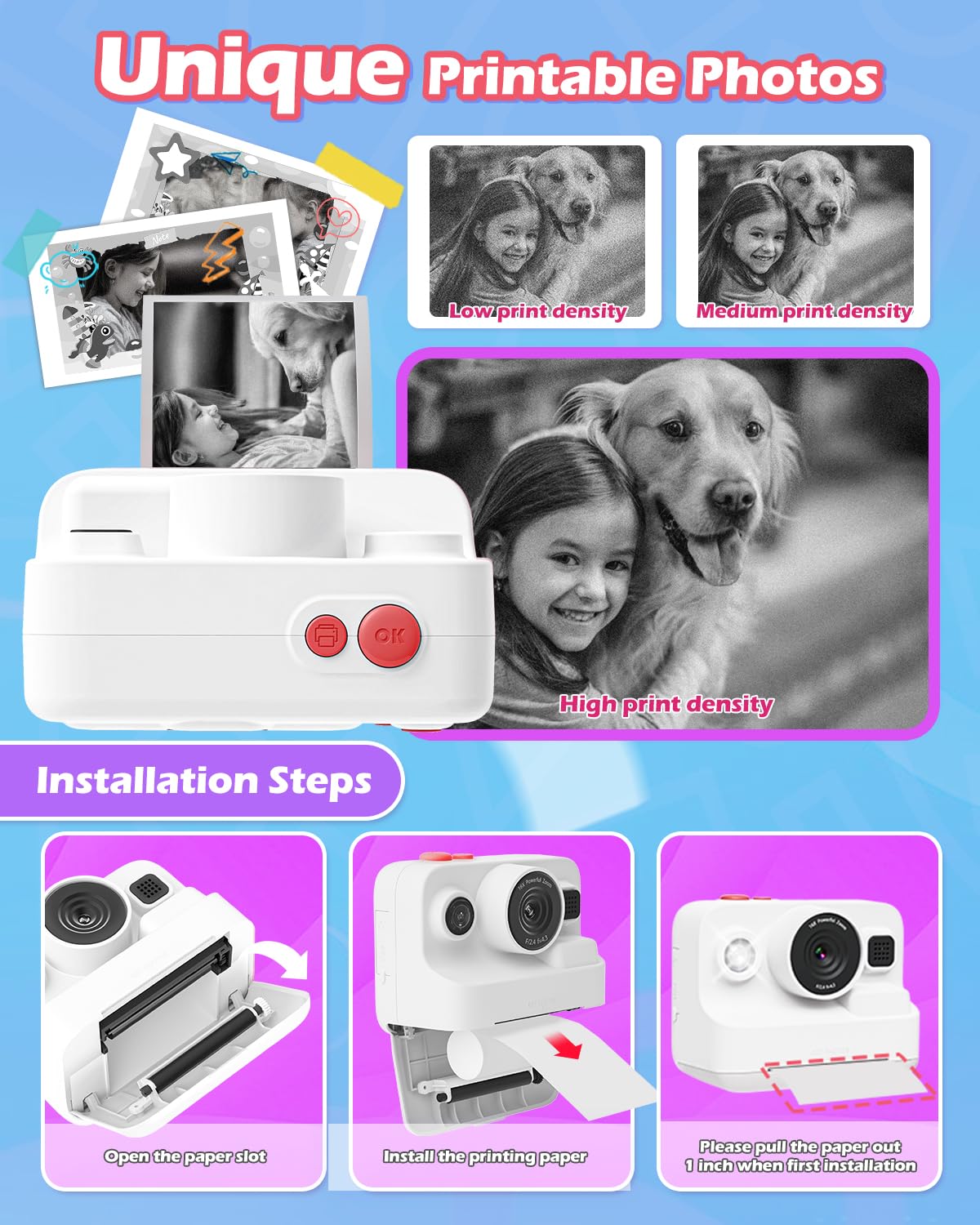 Anchioo Kids Camera Instant Print, 1080P Kids Digital Camera With Printer Paper, Christmas Birthday Gift For Girls Boys Age 3 12
