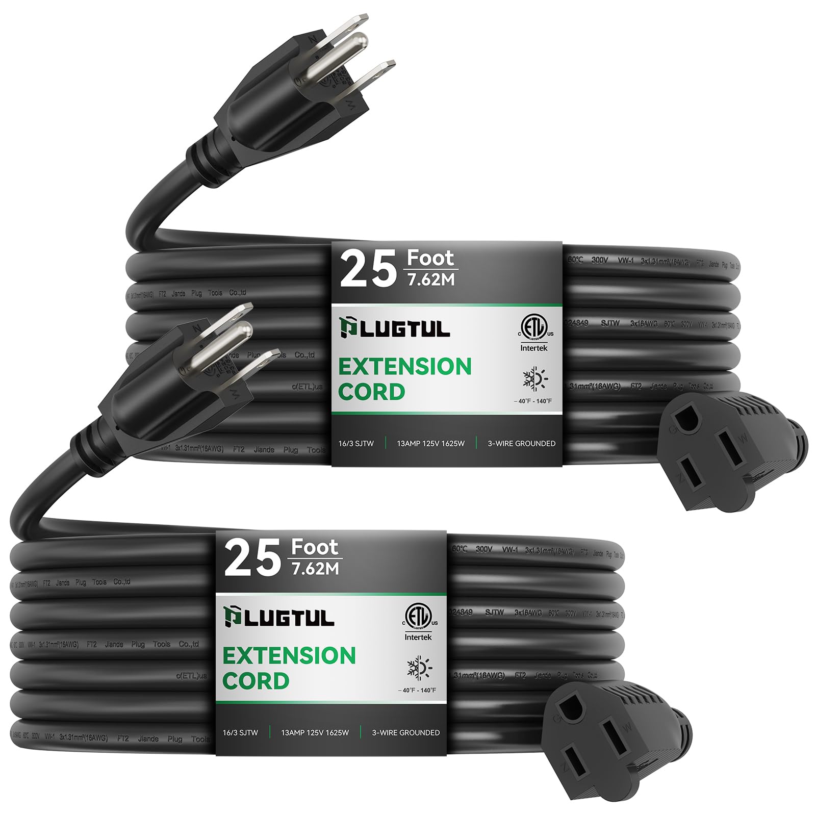 Plugtul 2 Pack Extension Cord 25 Ft, 16/3 Outdoor Extension Cord Waterproof, Heavy Duty 3 Prong Extension Cord Black, 13A 1625W