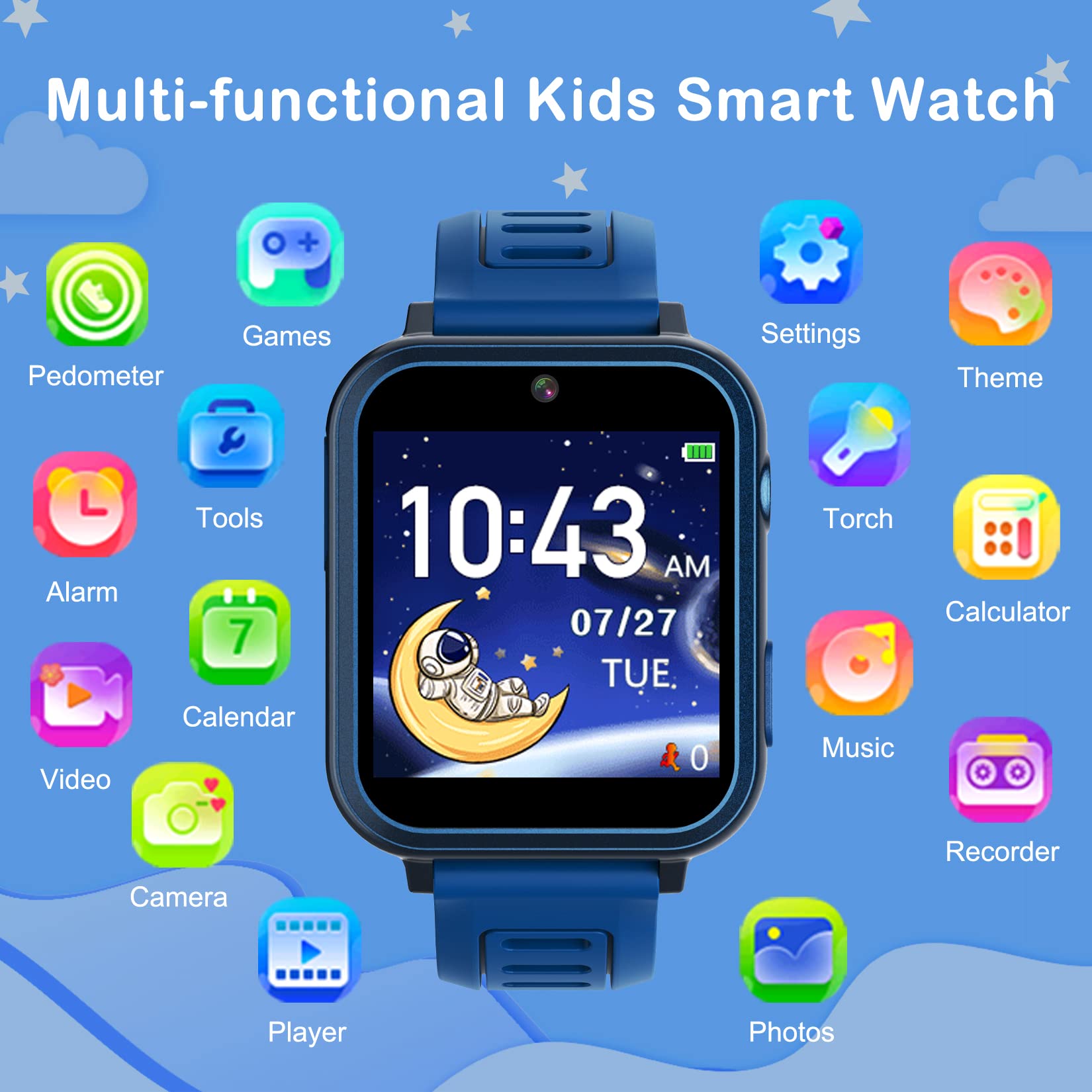 Smart Watch For Kids Boys, Kids Smart Watch Boys With 24 Games Alarm Clock Calendaring Camera Music Player Time Display Video &