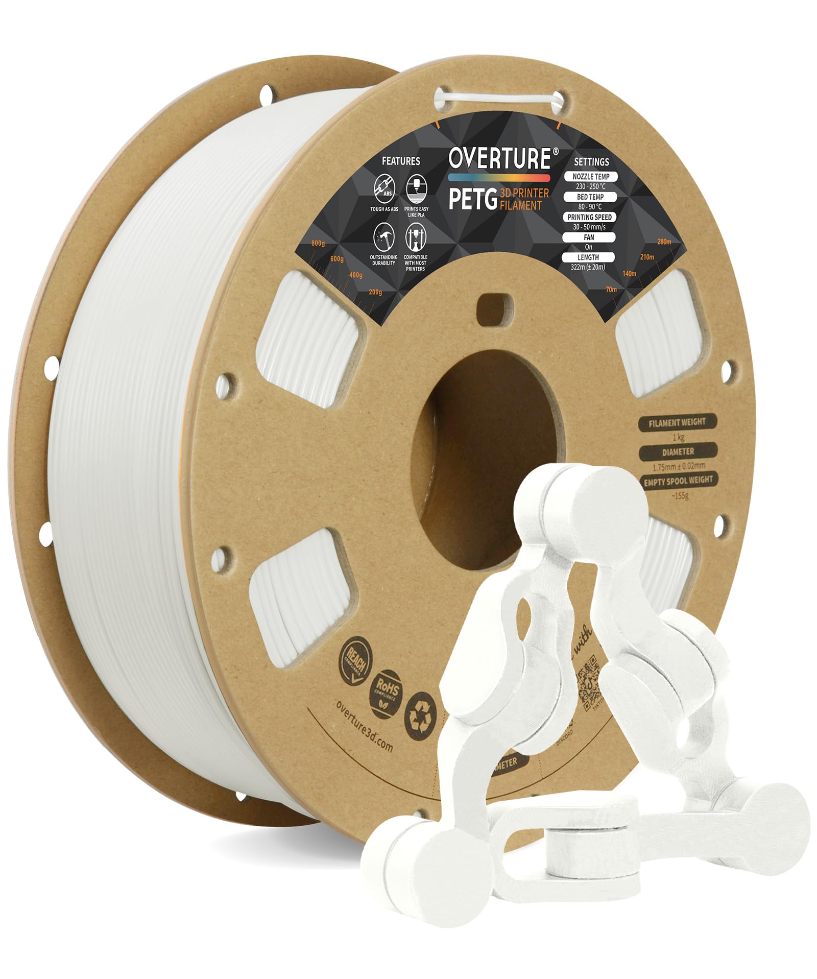 OVERTURE PETG 3D Printer Filament 1.75mm, Neatly Wound Durable PETG 1kg Spool (2.2lbs), Strong Toughness Filament, Dimensional A