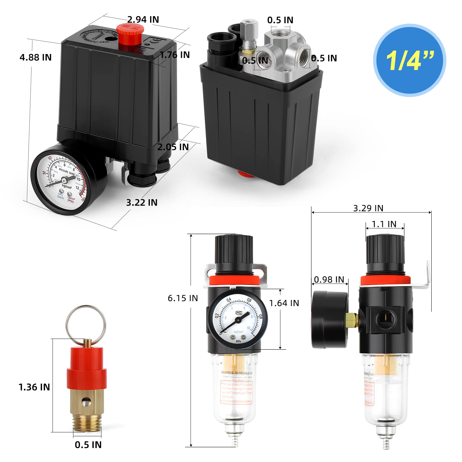 Meanlin Measure Air Compressor Pressure Switch Control Valve 90 120 Psi 110V 240V 4 Way Replacement Parts With 0 180 Psi Moistur