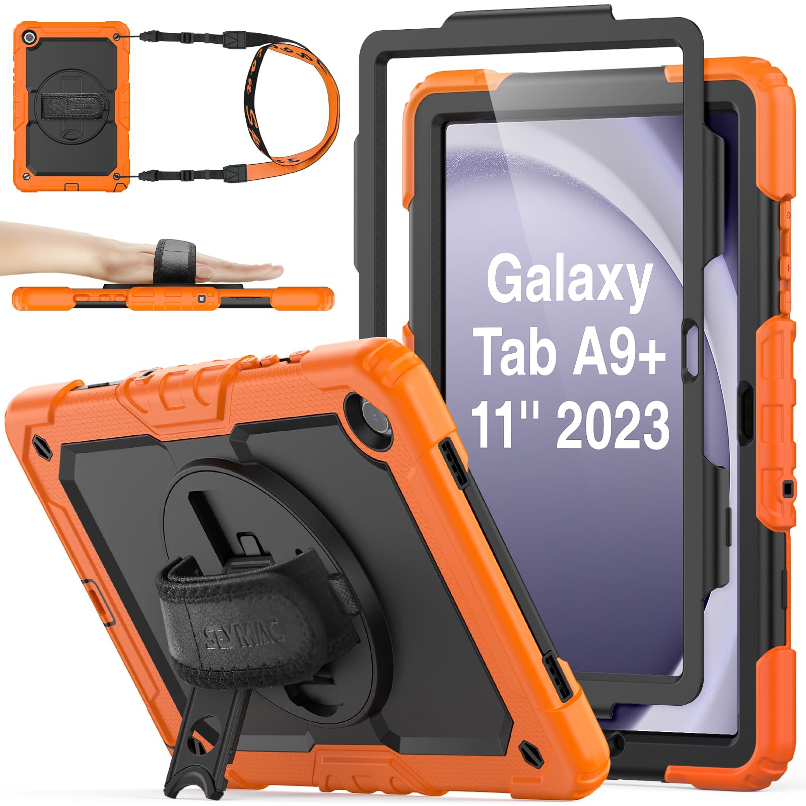 Seymac Stock 360 Hand Strap Shockproof Case For Samsung Galaxy Tab A9 Plus 11 Inch, Orange+Black