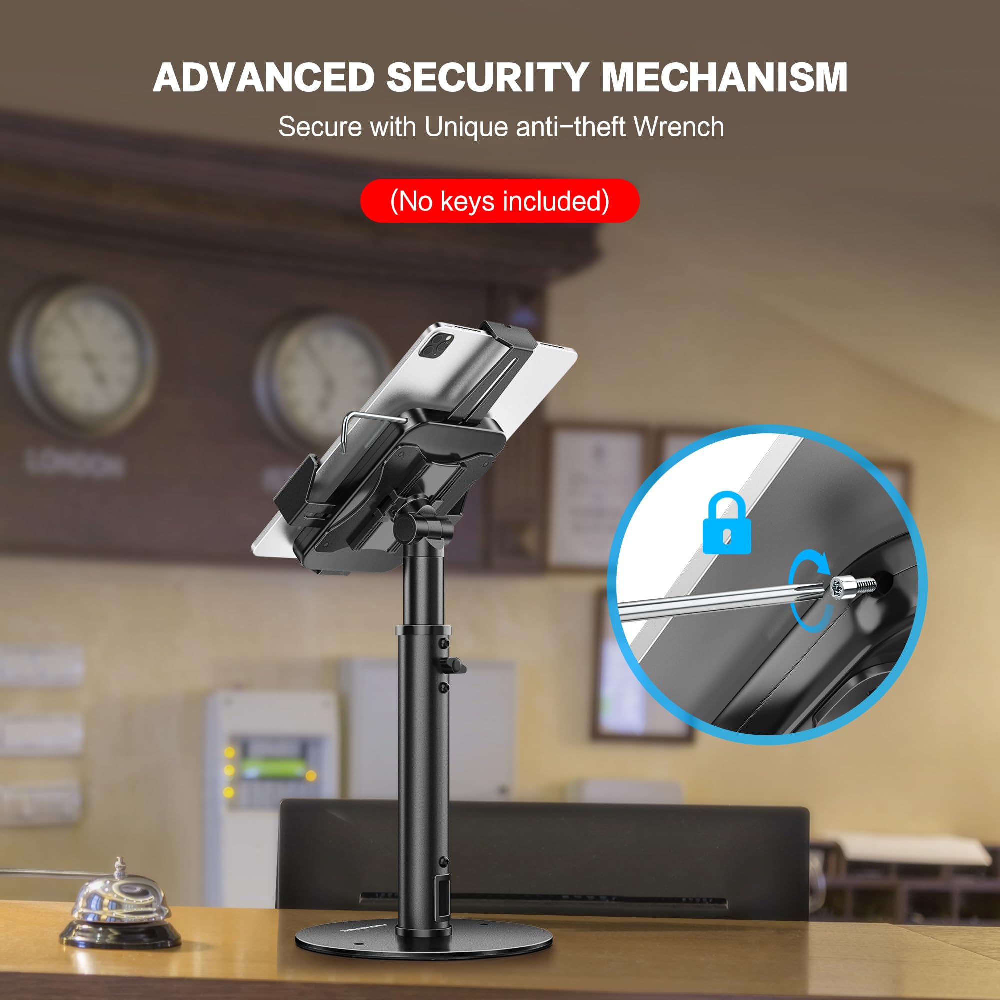 AboveTEK POS Tablet Kiosk Stand   Universal Tablet Locking Mount for 7.9' 11' Devices, 360� Swivel Anti Theft Security Stand for iPad, iPad Air, Samsung, Height Adjustable Desk Countertop iPad Stand
