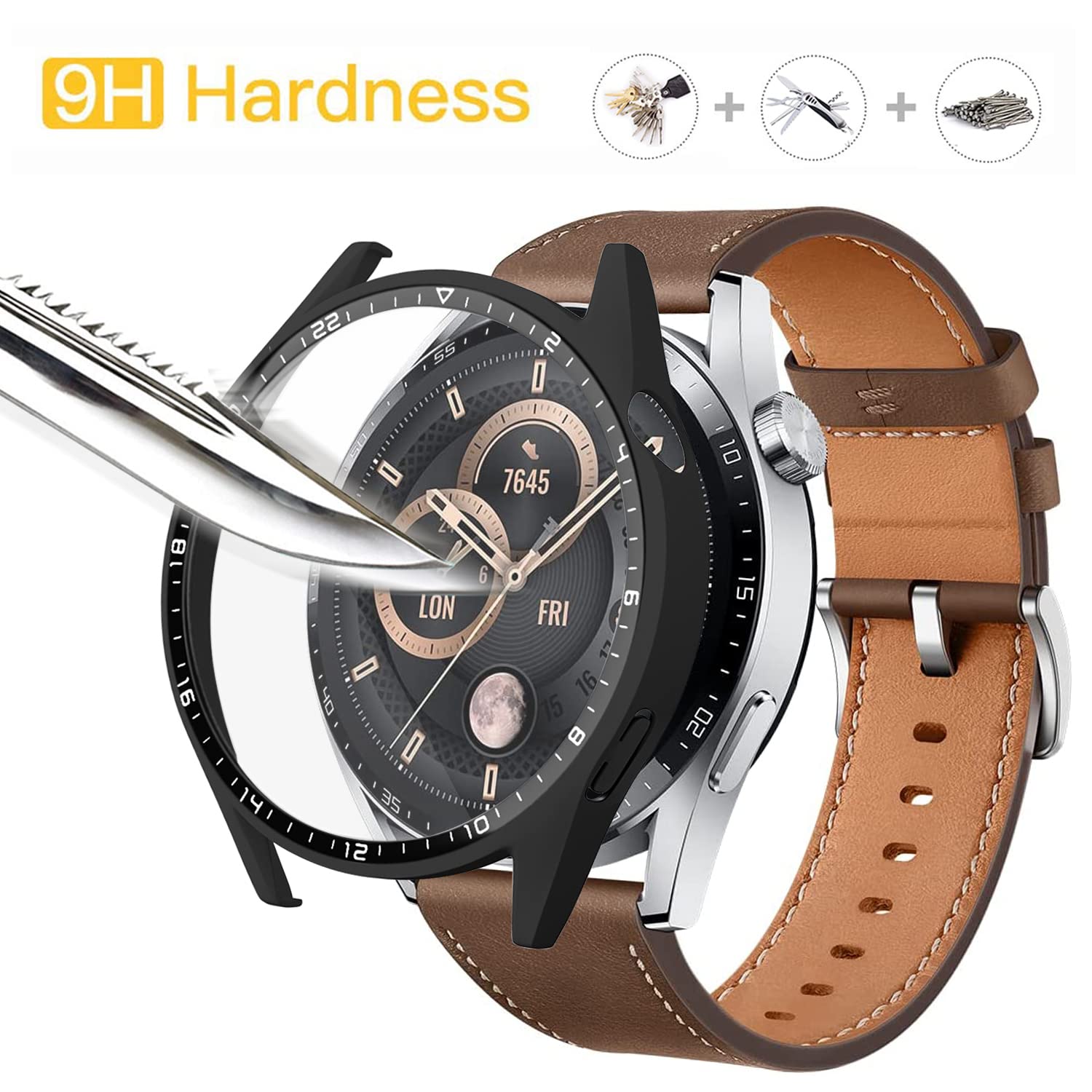 Acadeny [2 Pack] Case With Tempered Glass Screen Protector Compatible For Huawei Watch Gt3 46Mm, 9H Hardness 360 All Round Prote