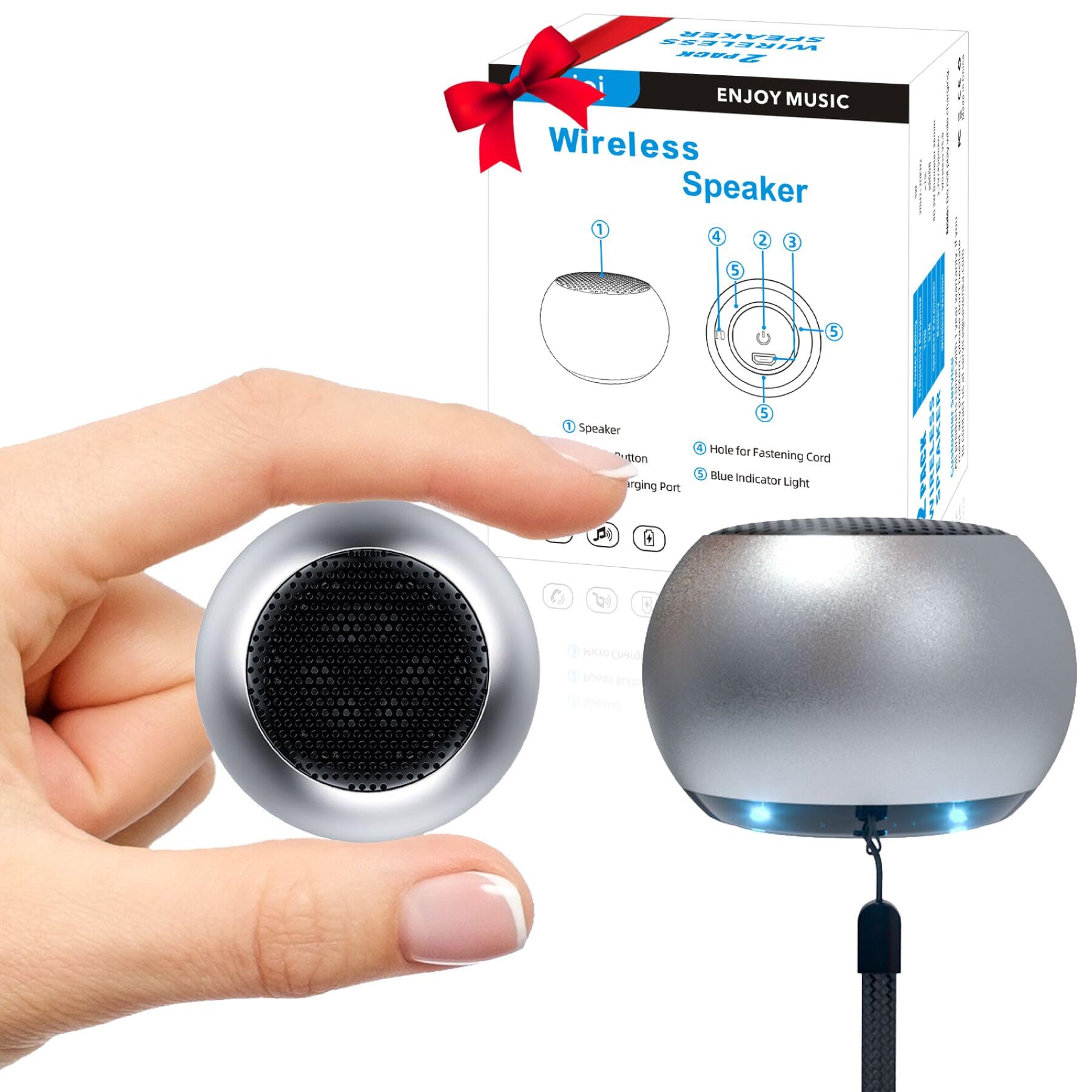 Sevenka 2 Mini Speakers, 3W Portable Small Speaker With Strap, Water Resistant, Wireless Stereo Pairing, Rechargeable Metal Mini