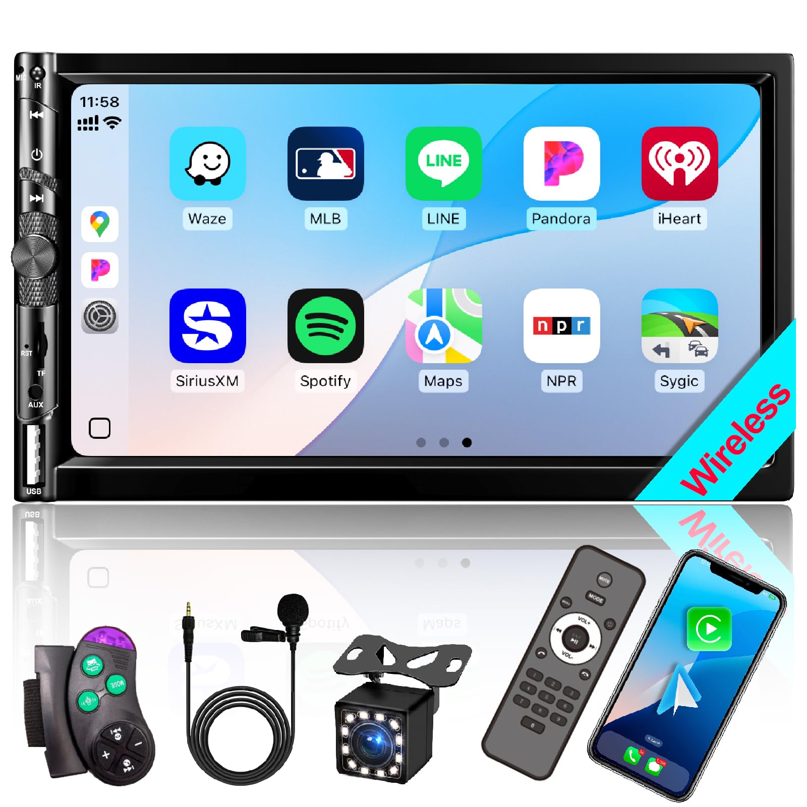 7Double Din Car Stereo With Wireless Apple Carplay Android Auto, Car Radio Bluetooth 5.2, Ips 1024 600 Touch Screen, Backup Came