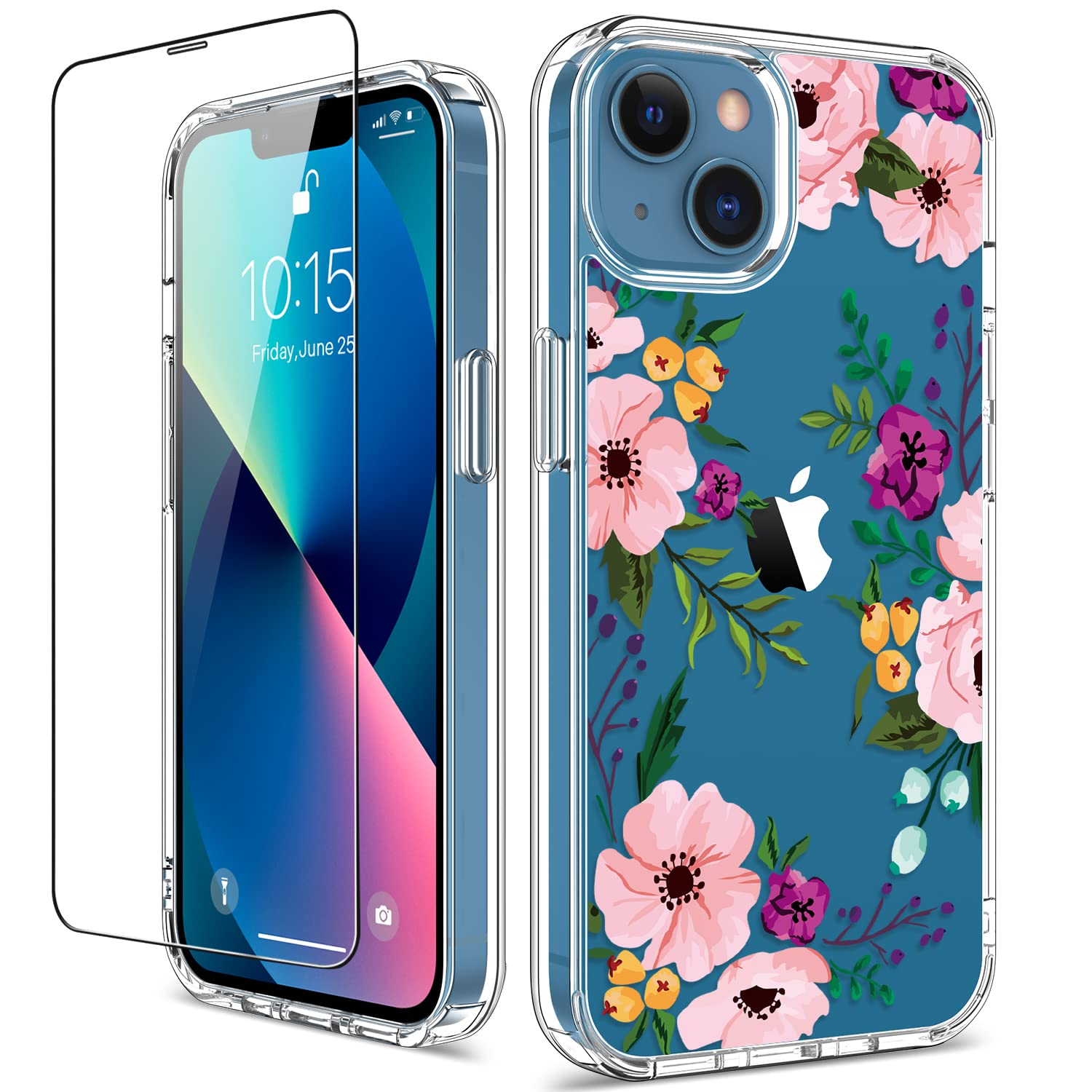 Giika For Iphone 13 Case With Screen Protector, Clear Full Body Protective Floral Girls Women Shockproof Hard Case With Tpu Bump