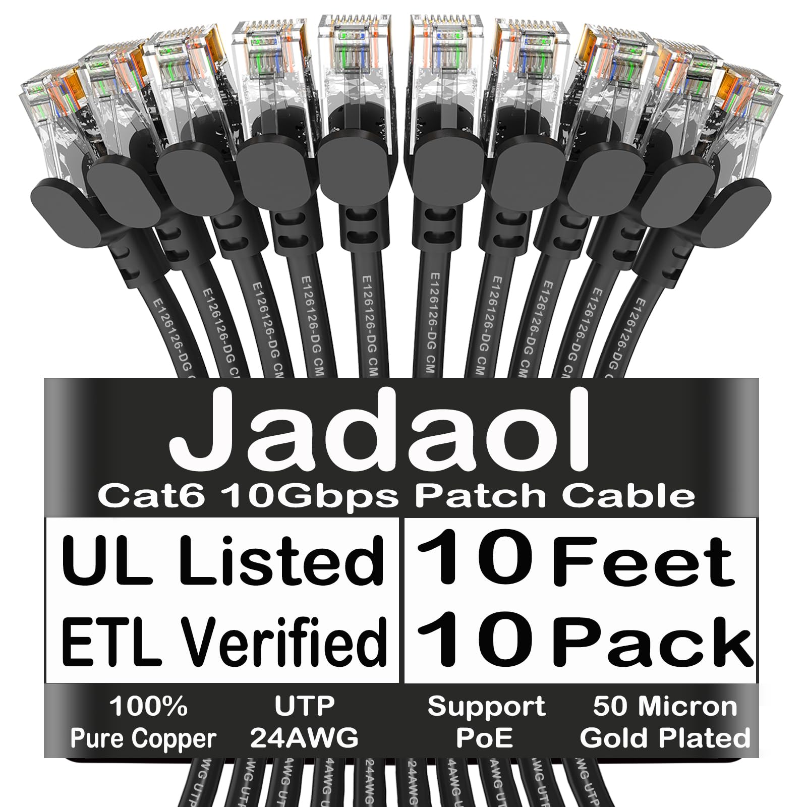 Jadaol Cat 6 Ethernet Cable 10ft 10Pack, Outdoor&Indoor, 10Gbps Support Cat8/7 Network, 24AWG Pure Copper Patch LAN Cord, Direct