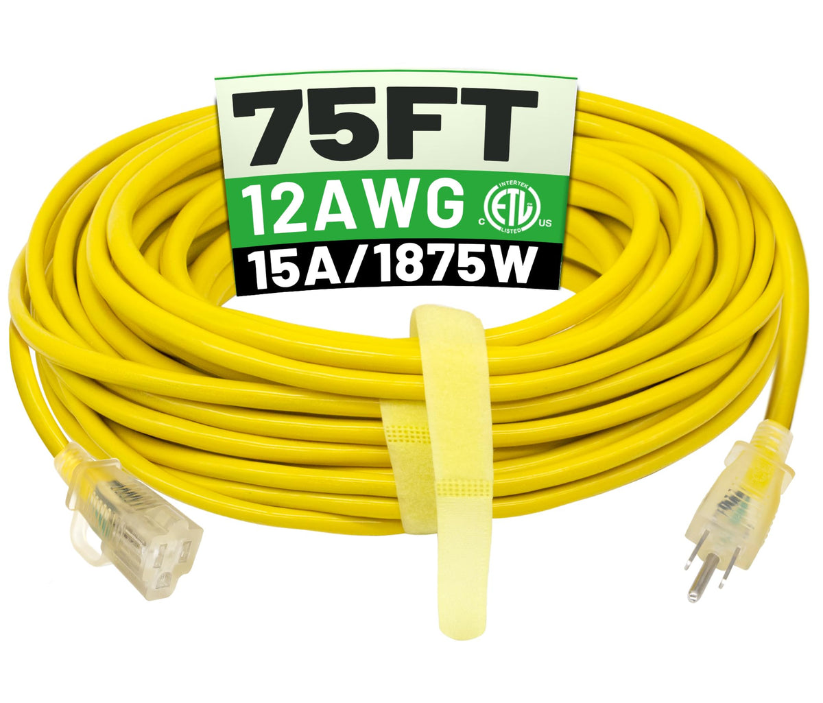 Powgrn 12/3 75 Ft Outdoor Extension Cord Waterproof Heavy Duty With Lighted Indicator 12 Gauge 3 Prong, Flexible Cold Resistant