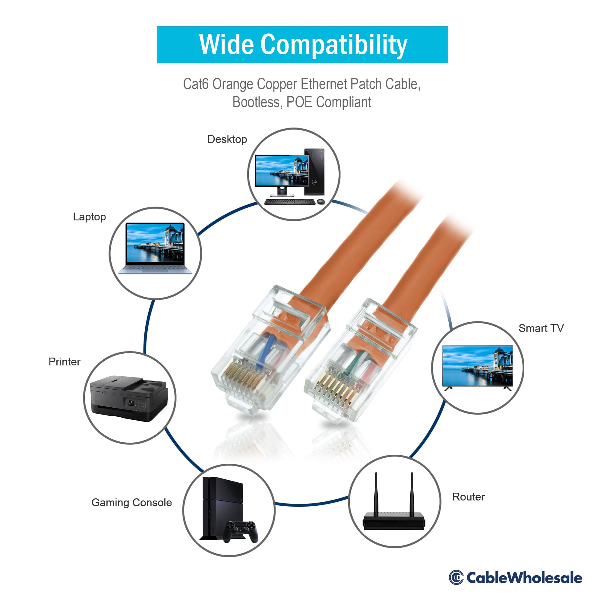 Cablewholesale 14 Foot Cat6 Orange Ethernet Patch Cable, Bootless, 24Awg Network Cable With Rj45 Gold Plated Connector, 4 Pair S