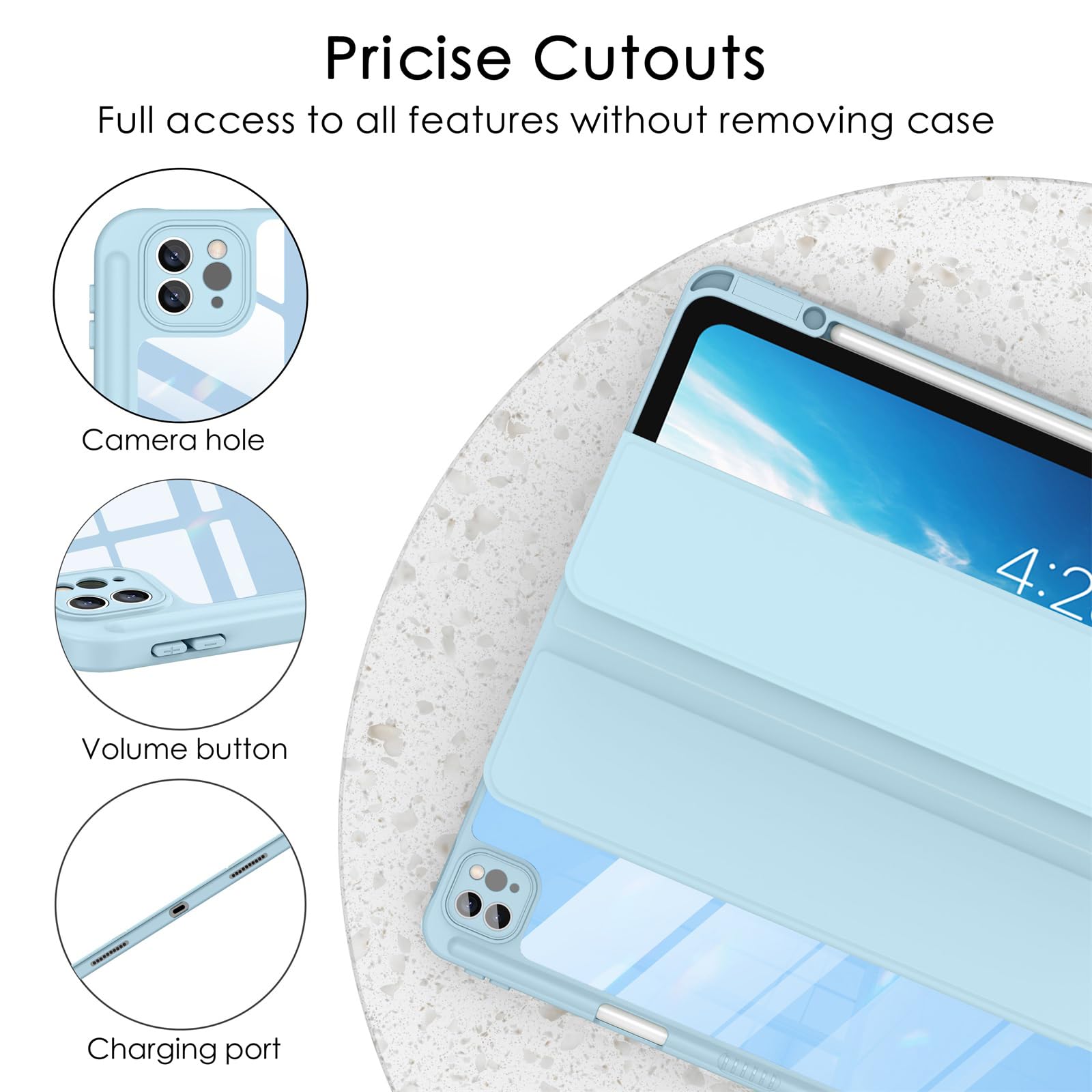 Soke Case For Ipad Air 13 M2 2024/Pro 12.9 (6Th/5Th/4Th Generation, 2022/2021/2020)   Pencil Holder+Auto Sleep/Wake+Camera Protection, Shockproof Back Cover For Ipad Pro 12.9 Inch, Sky Blue