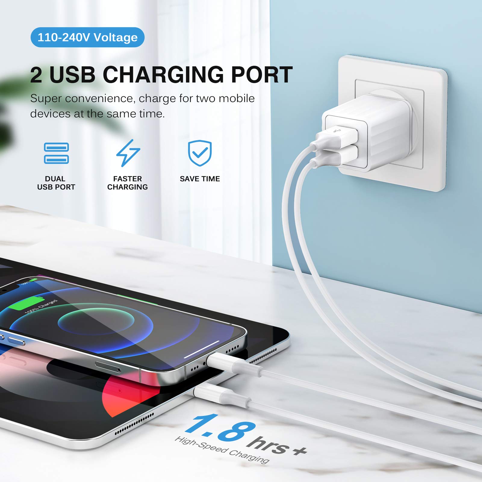 Iphone Charger,[Apple Mfi Certified] Fast Iphone Charger 2Pack 6Ft Lightning Cable Cord Fast Charging Dual 2 Port Plug Usb Wall