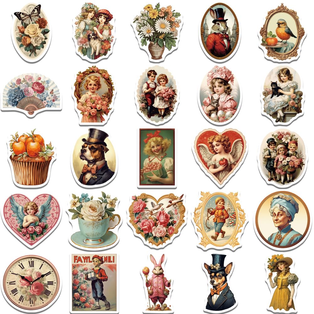 Yoksas 50Pcs Vintage Victorian Stickers   Waterproof Vinyl Old Antique Art Stickers For Laptops,Water Bottles,Scrapbooking,Journ