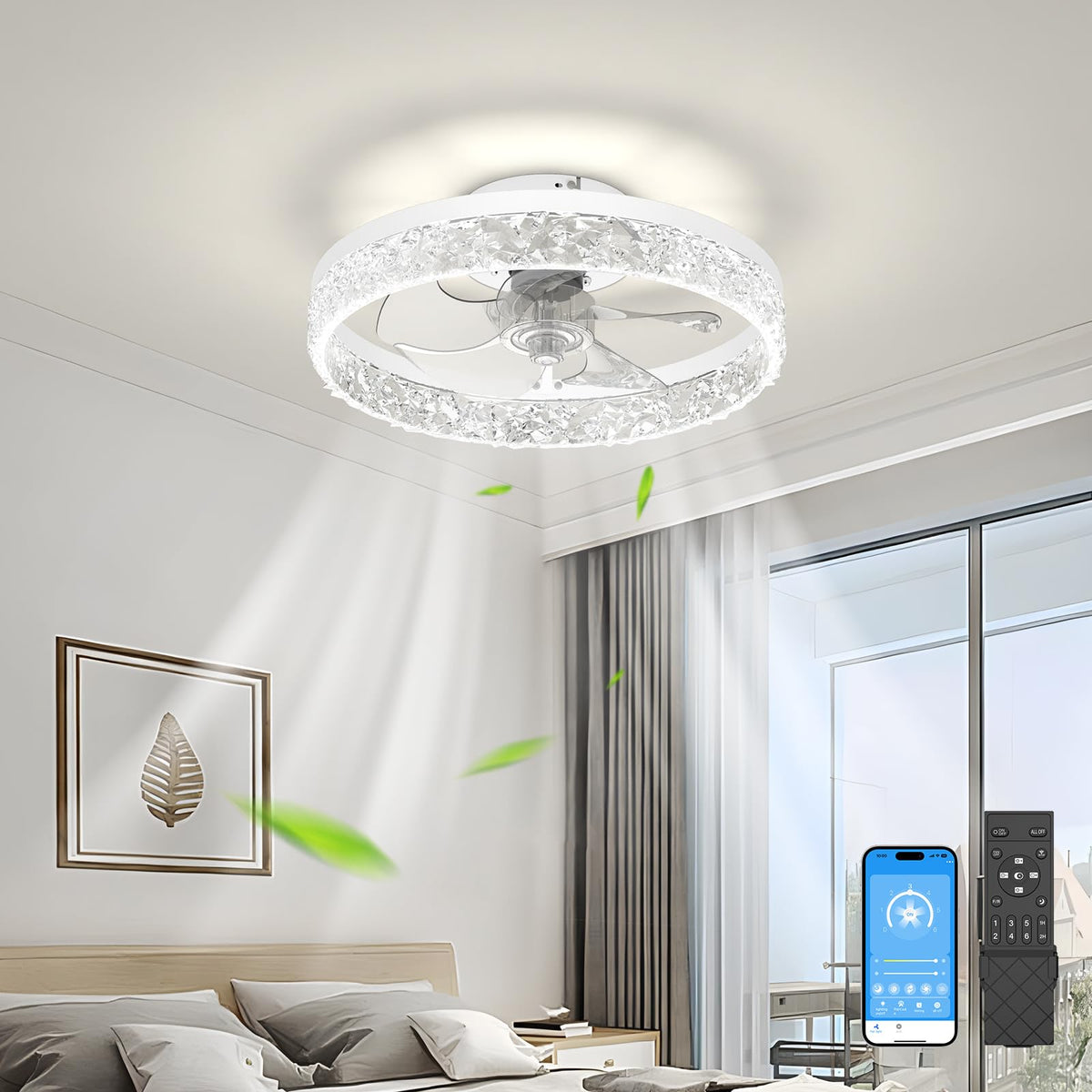 Jofios Low Profile Ceiling Fans With Lights, 15.7In Flush Mount Fandelier Ceiling Fan With 6 Wind Speeds, Dimmable Black Modern