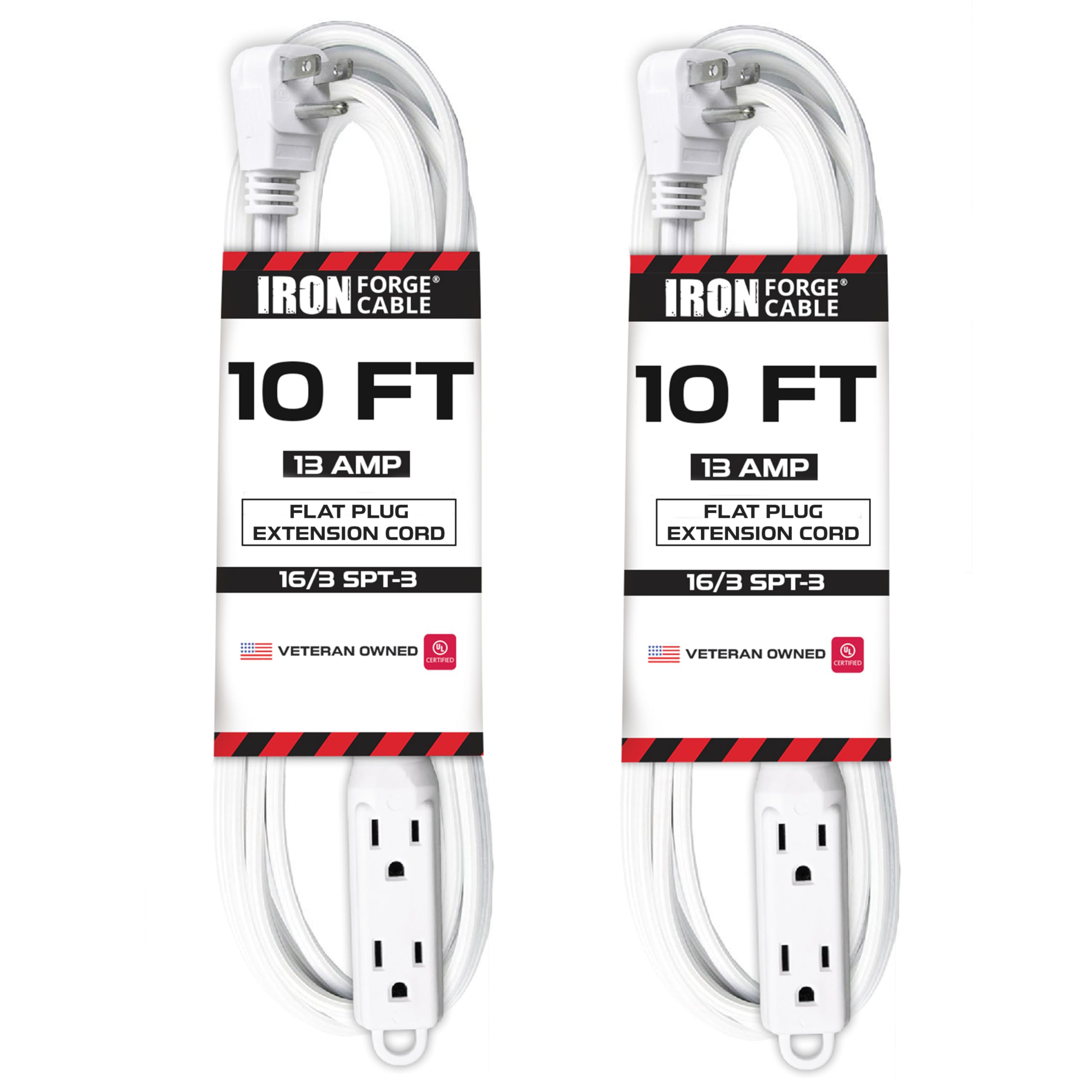 Iron Forge Cable 2 Pack Of 10 Ft Extension Cords With 3 Electrical Power Outlets   16/3 Durable White Cable
