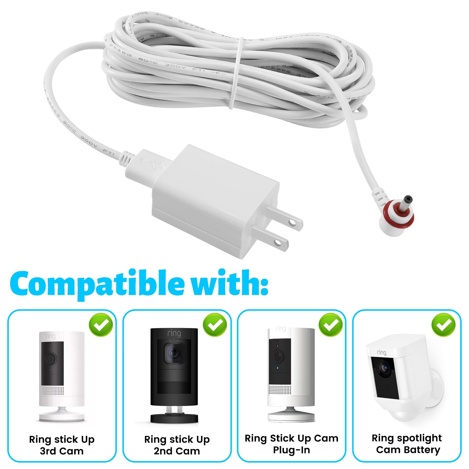 Ring Camera Power Cord, Charger Compatible With Ring Stick Up Cam 2Nd/3Rd Gen Battery/Plug In, Ring Spotlight Cam Battery, 16Ft