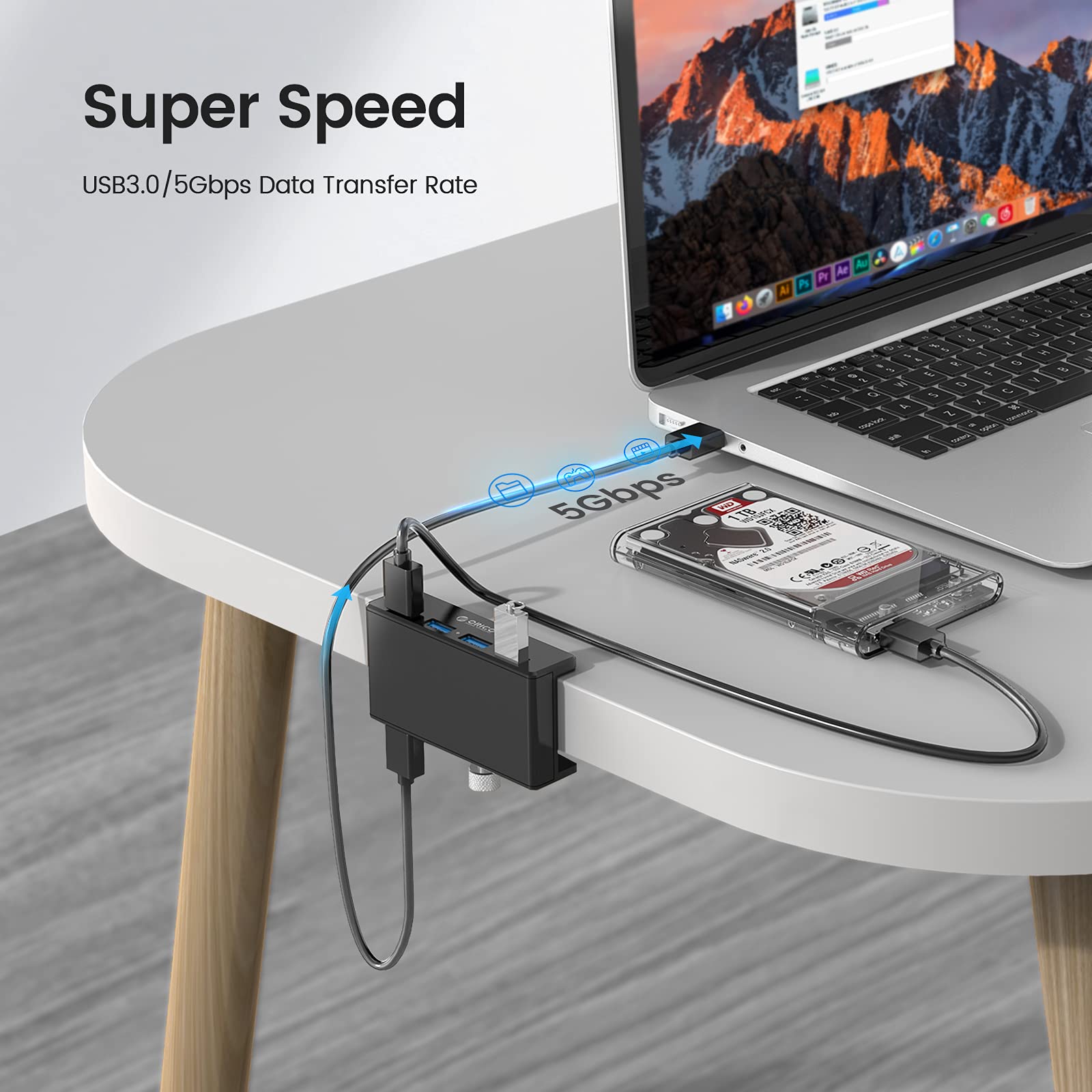 ORICO USB 3.0 Hub, USB Hub Clamp, Aluminum 4 Port USB Splitter with Extra Power Supply Port and 4.92 FT USB Data Cable, Desktop Powered USB Hub for Monitors/Desks Black (Without Power Adapter)