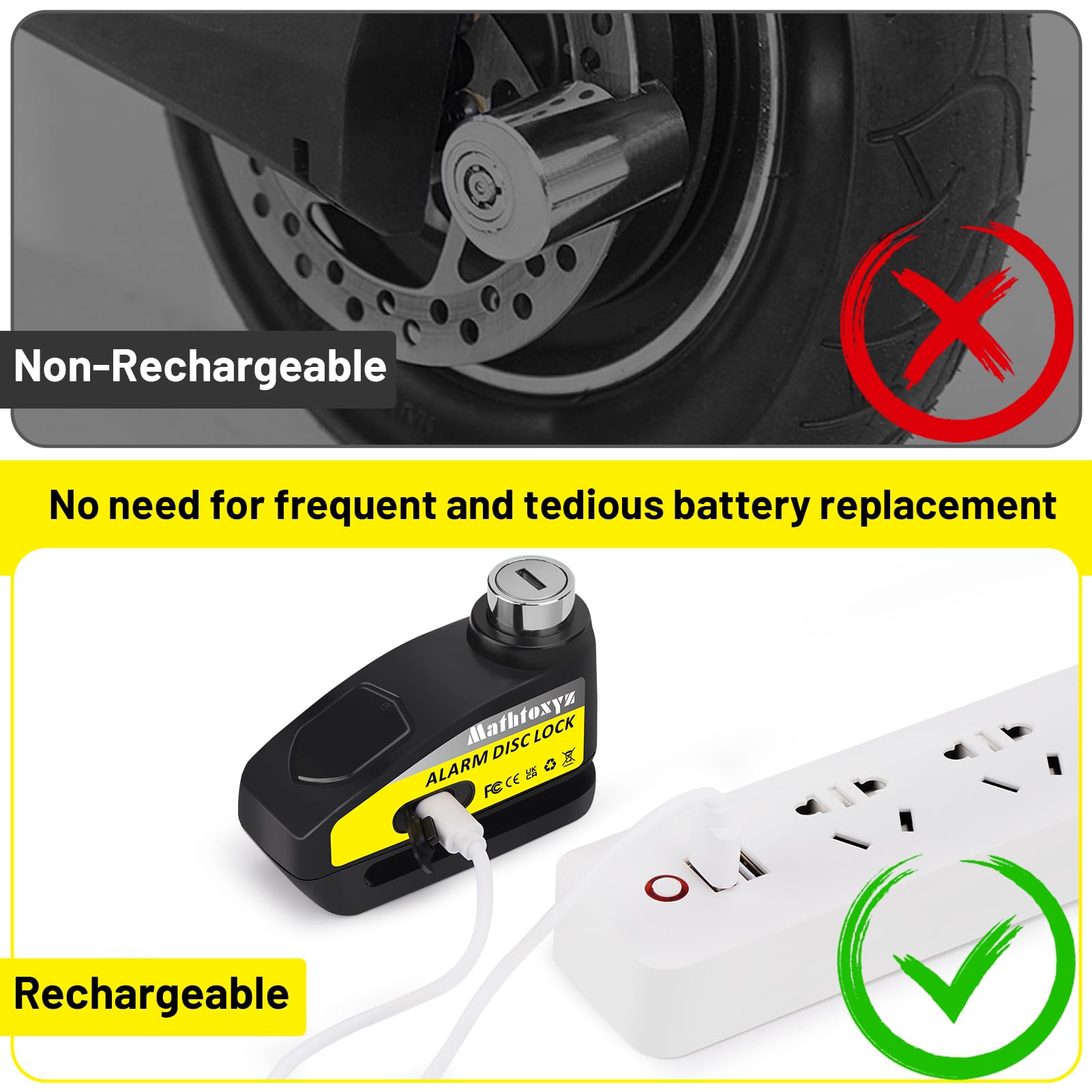 Motorcycle Lock Rechargeable, 120Db Alarm Disc Brake Locks Anti Theft Security Wheel Disc Lock Waterproof With 5Ft Reminder Cabl