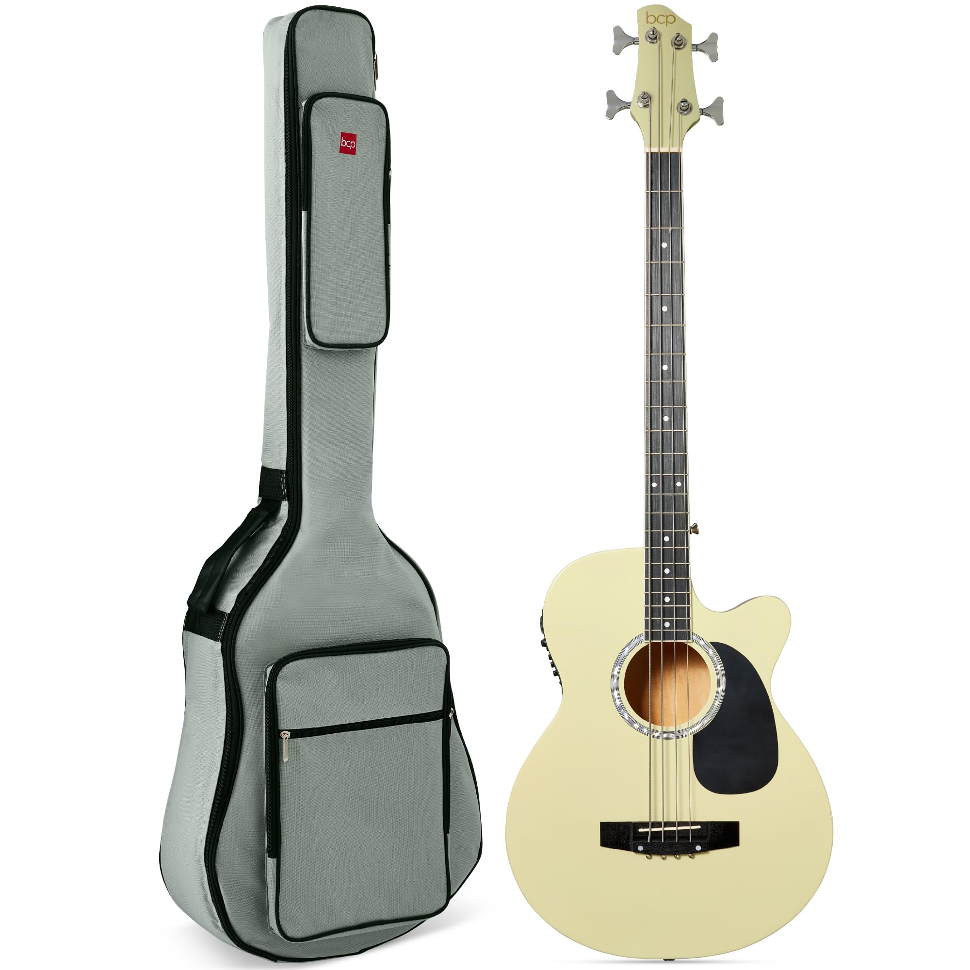 Best Choice Products Acoustic Electric Bass Guitar, Full Size 4 String, Fretted Bass Guitar W/Padded Gig Bag   Cream White