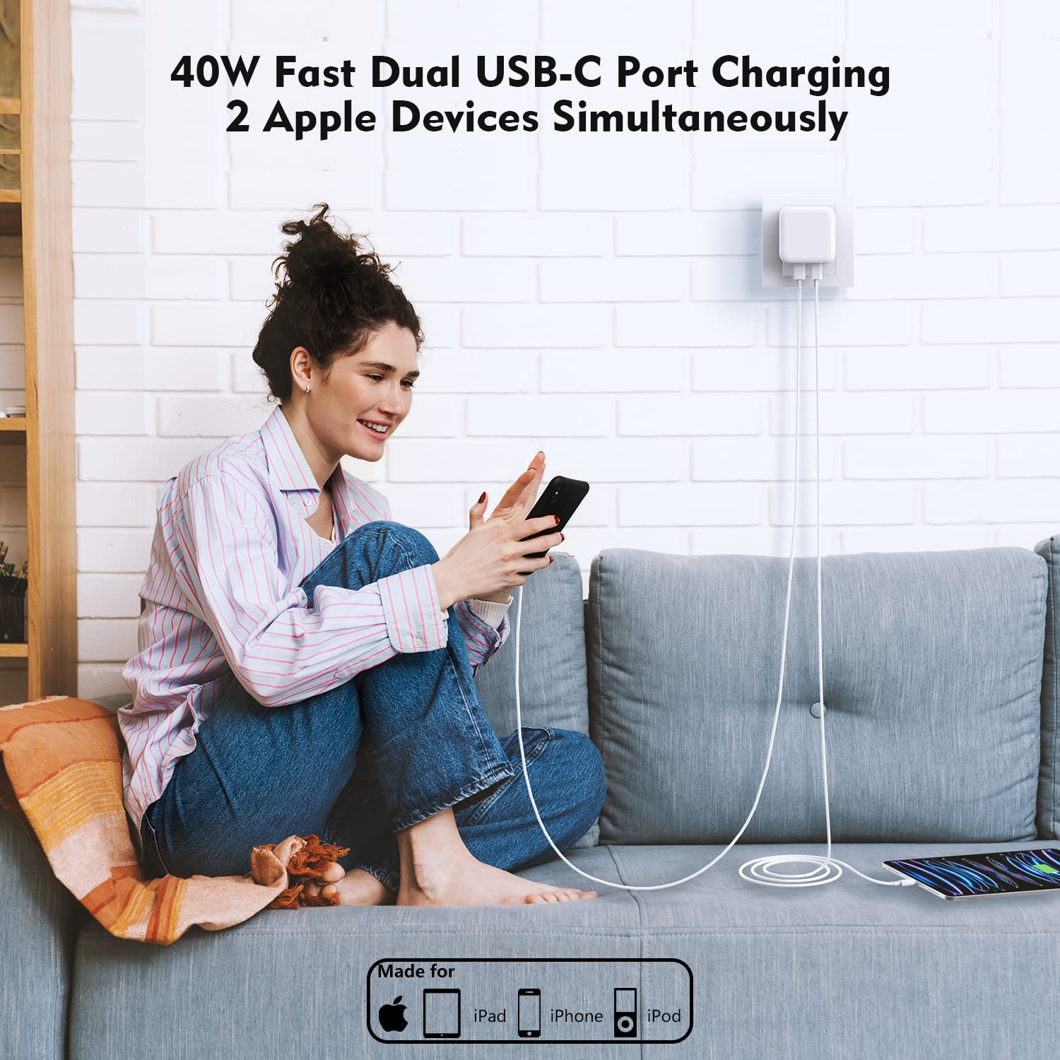 Fast Charger Iphone, Iphone 14 Charger [Mfi Certified] 40W Dual Port Foldable Usb C Quick Wall Charger Block With 6Ft Typec To L