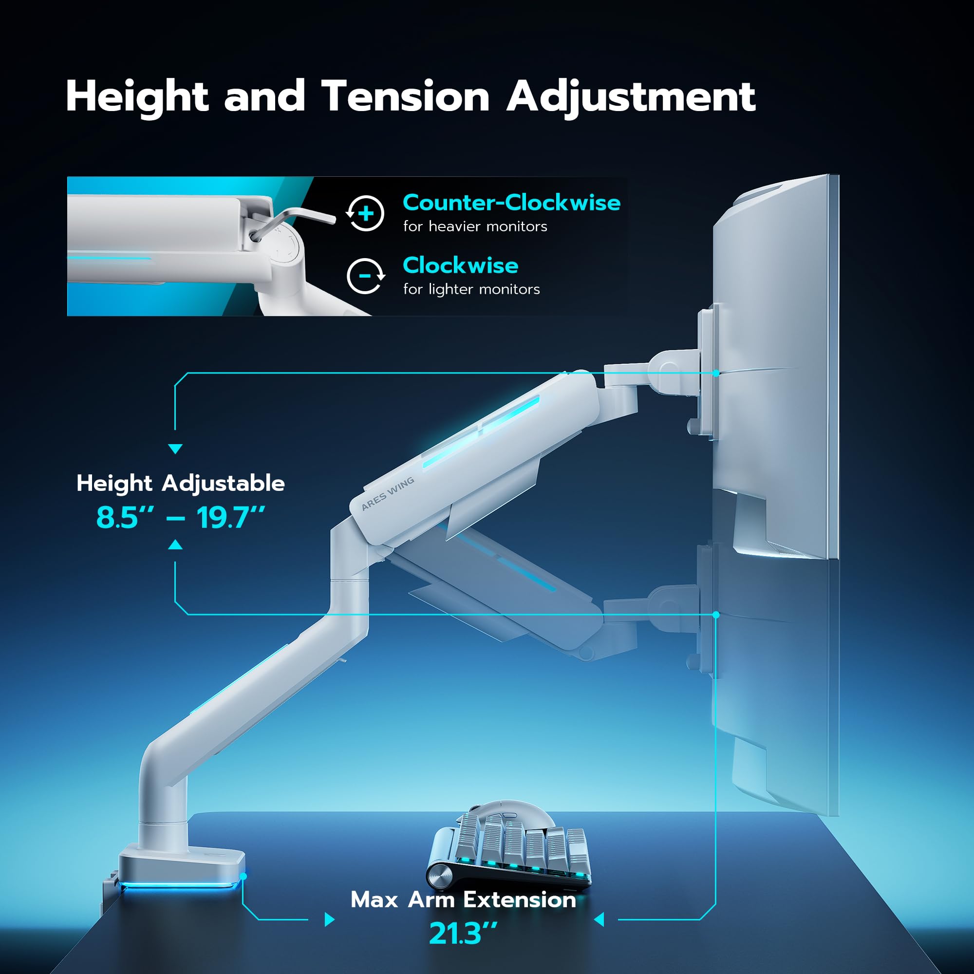 Ares Wing Monitor Desk Mount With Rgb For 49'' Samsung Odyssey G9 And Lg Heavy Duty Monitor, Ultrawide Monitor Mount Support Up