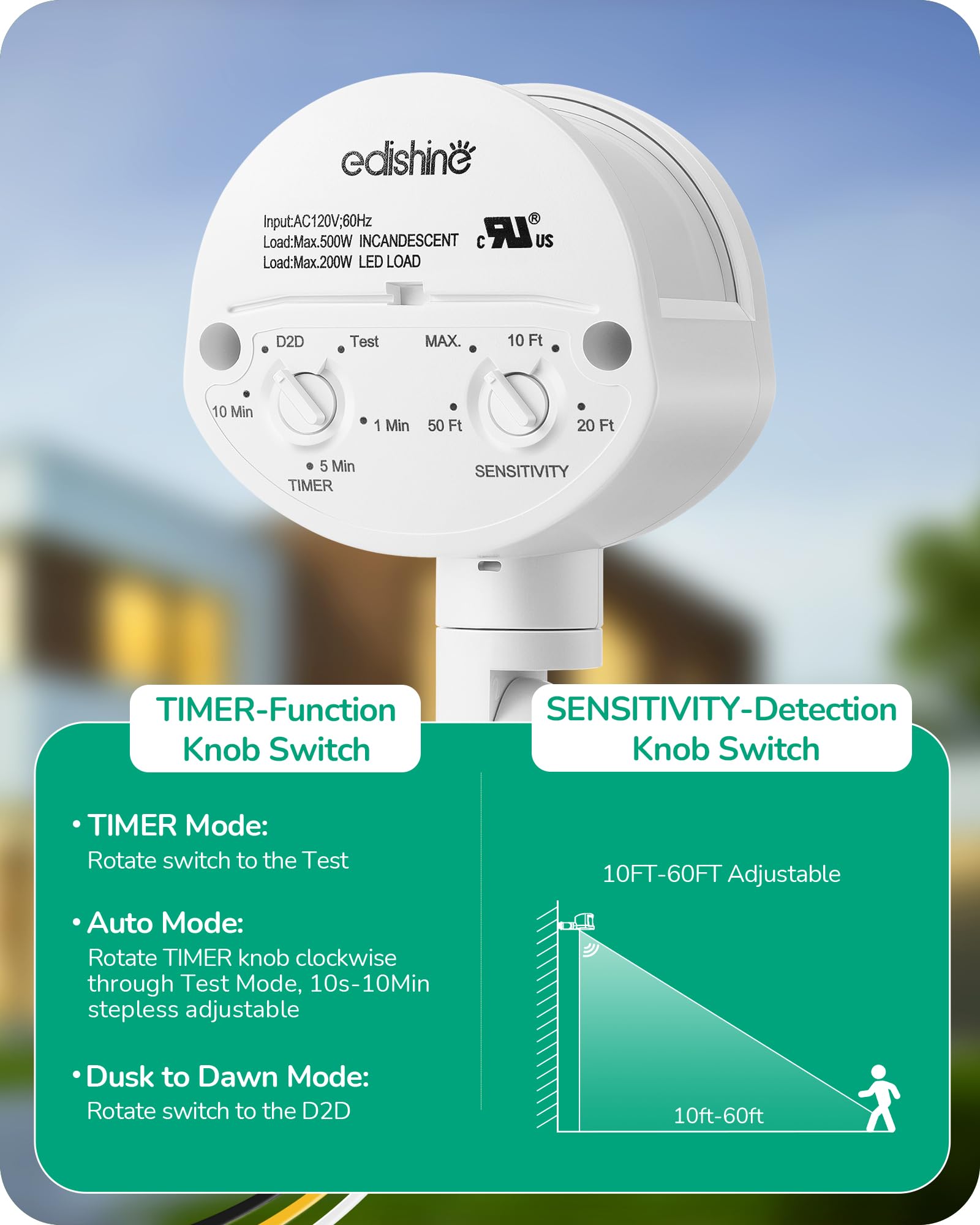 Edishine 180 Degree Motion Sensor, Automatic Dusk To Dawn, 120V Ac Motion Pir Sensor, Adjustable Delay Time & Detection Range, R