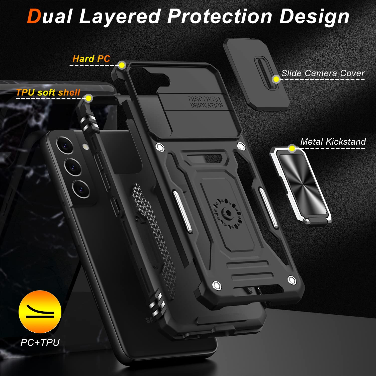 LUMARKE Galaxy S21 FE Phone Case with Camera Cover Kickstand Military Grade Protection Black